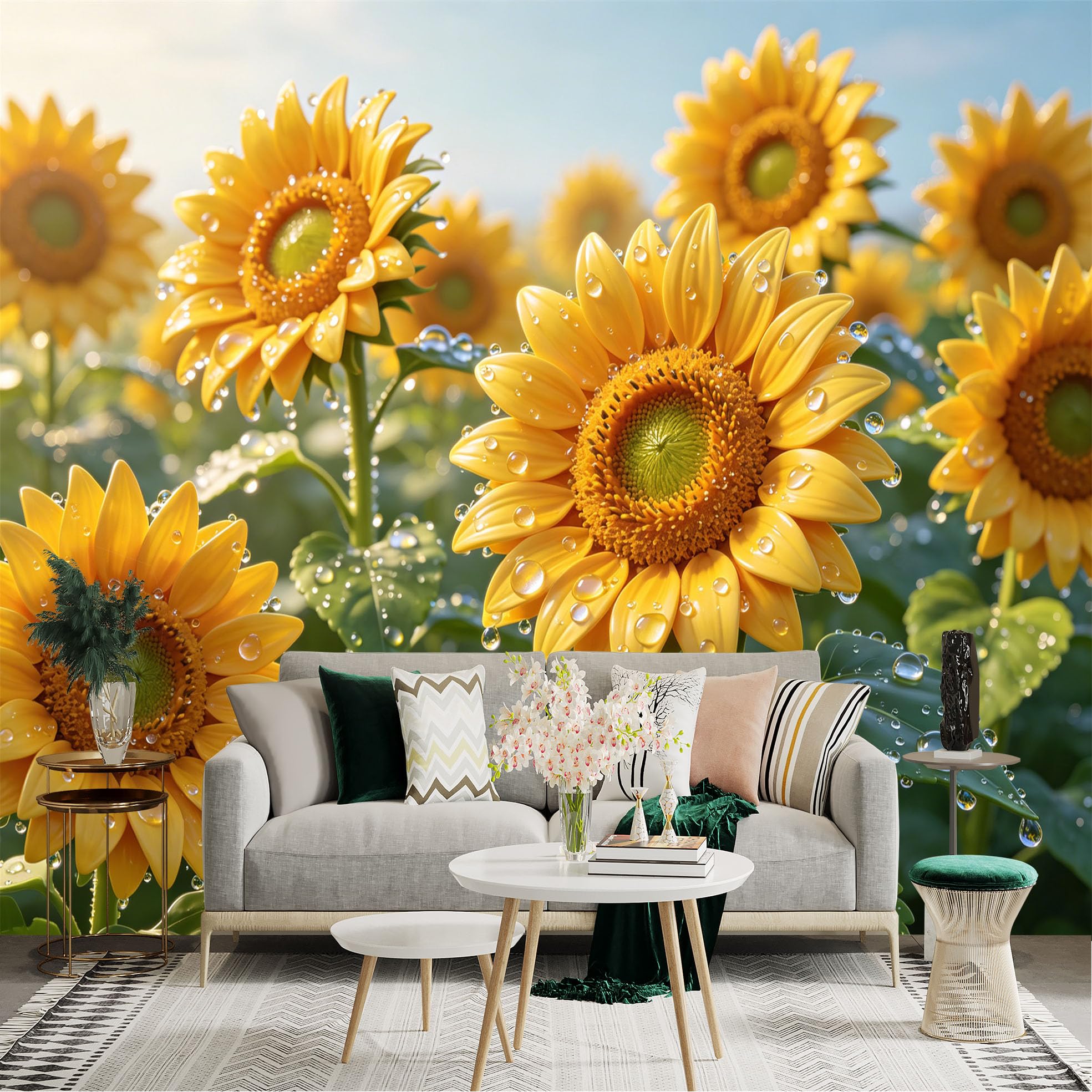 Lnzczhyre Dbh260521919 Custom Size Wall Sticker Mural， Vibrant Sunflowers Field， Morning Dew Drops On Petals， Golden Summer Floral Scene， For Wall Decoration， Peelandstick Wall Decals.