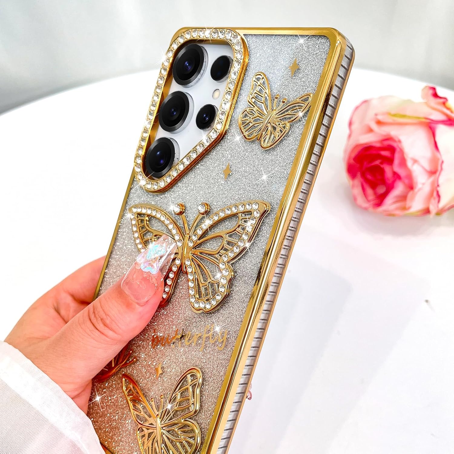 Bonoma Glitter Case for Samsung Galaxy S25 Ultra, Cute 3D Butterfly Pattern Plating Bling Case,Camera Protection Sparkly Slim Soft Back Cover for Women Girls,Gold - Image 4