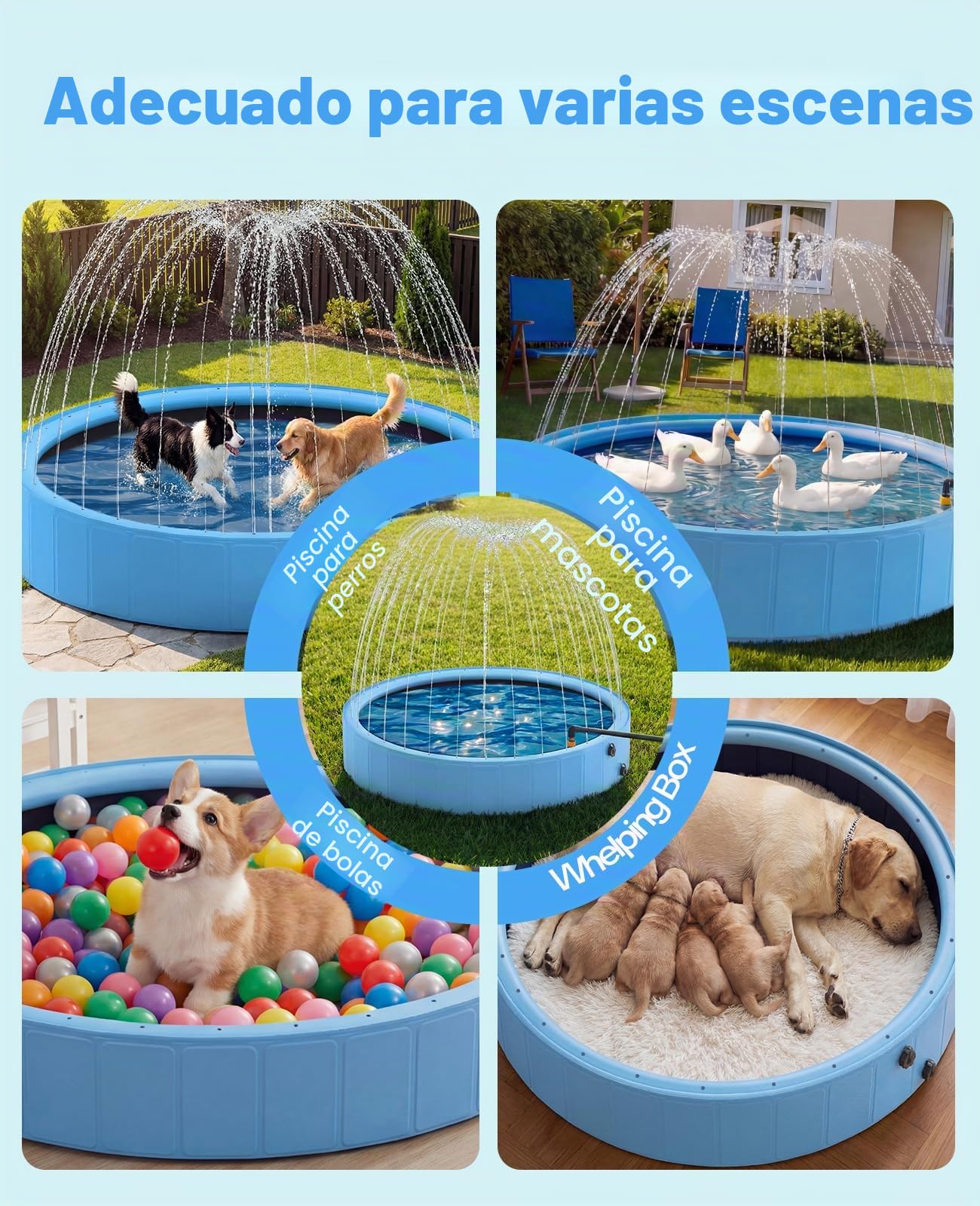 Piscina para Perros con Sistema de chorros, 160 x 30cm Piscina Perros Grandes, Baño portátil Plegable para Perros, Piscina Antideslizante 2 en 1 para Perros, Apta para el jardín, Azul