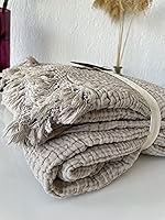 Vista 2 de Manta de muselina 100% algodón, colcha de 4 capas, funda de cama suave de muselina de algodón turco, colcha reversible, beige