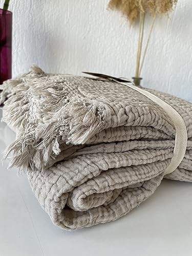 Miniatura 2 de Manta de muselina 100% algodón, colcha de 4 capas, suave muselina de algodón turco, colcha reversible, beige (tamaño King 95 x 102  90.6 x 102.4 in)