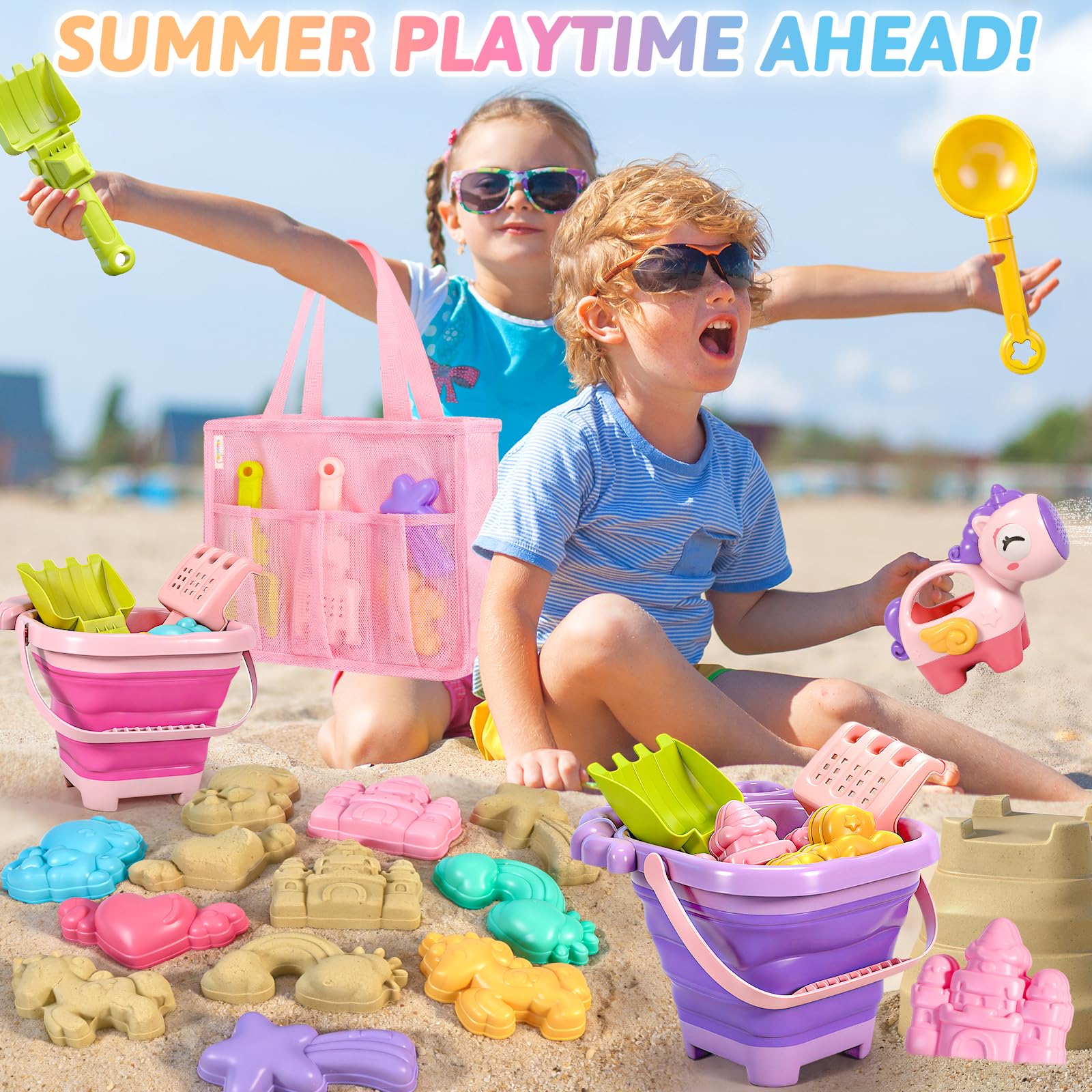 CatchCute - Faltbares Strandspielzeug, Einhorn-Spielzeug, 14-teiliges Sandspielzeug-Set mit faltbaren Tierwürfeln, Schaufeln, Sieb, Sandformen, Schloss-Bausatz und Tasche