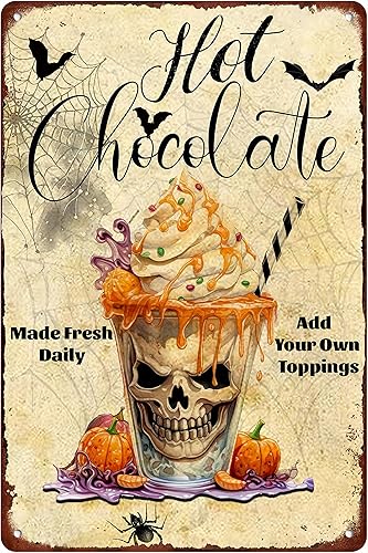 Miniatura 1 de Cartel de metal vintage de chocolate caliente para Halloween, diseño de calabaza, retro, para decoración de pared para el hogar, restaurante, póster