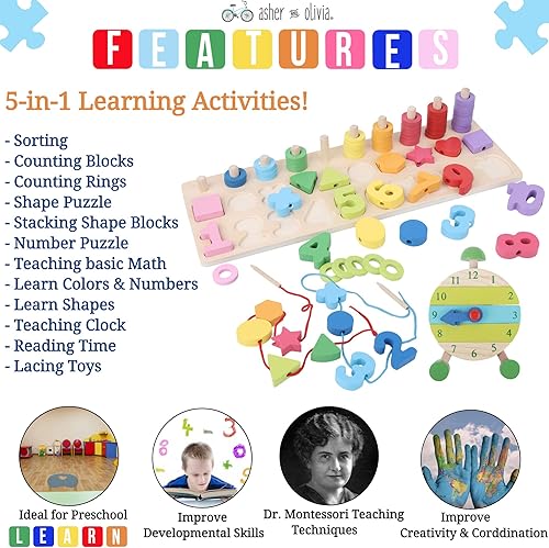 Miniatura 3 de Montessori - Juguetes de habilidad motora fina, juego de forma de números de madera matemática con reloj de aprendizaje y cuentas de cordones