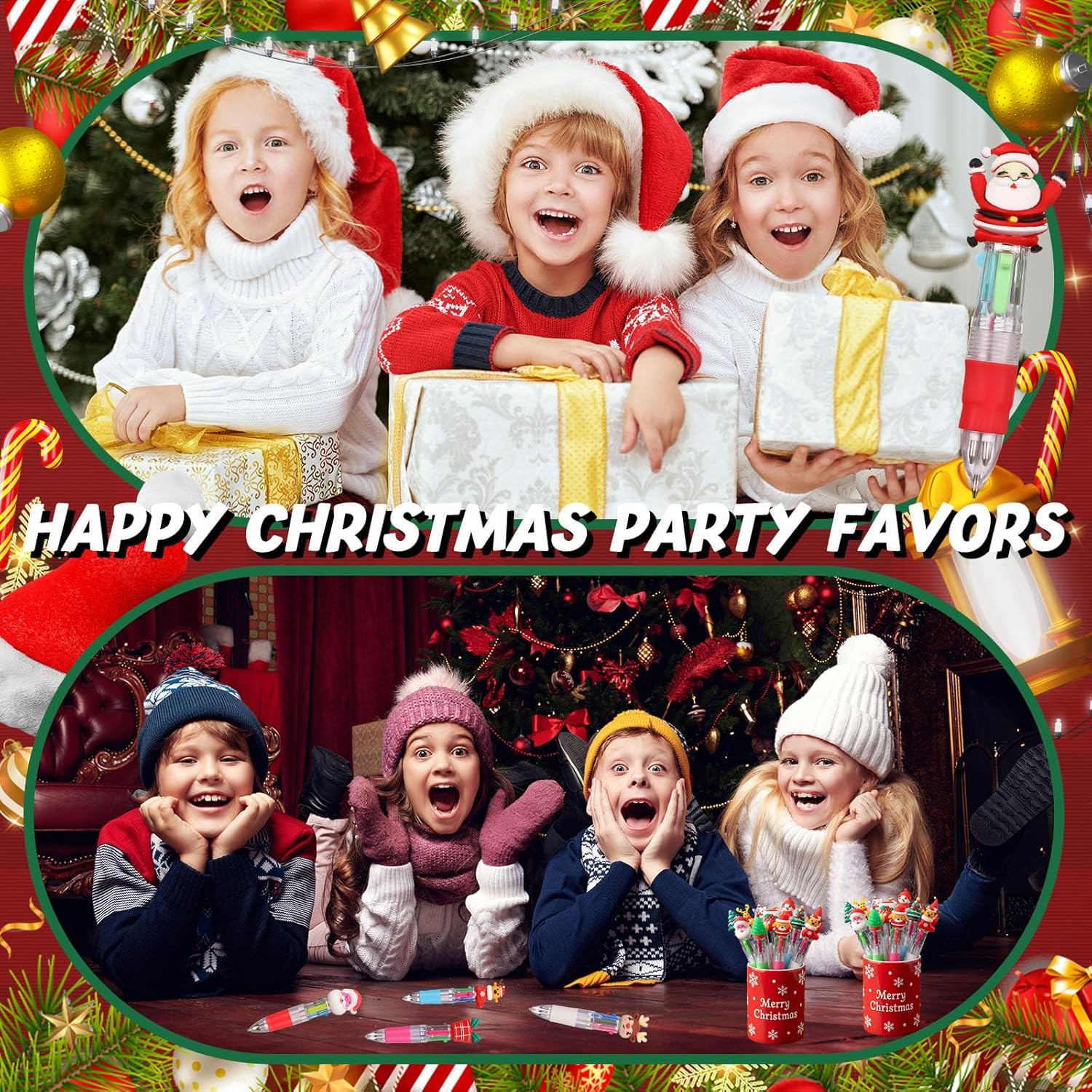 Gilprop 100 Pcs Multicolor Christmas Ballpoint Pens 4 in 1 Fun Retractable Holiday Ink Pen 0.7 mm Santa Claus Snowman Reindeer Writing Pen for Students Prizes Christmas School Office Supplies Gifts
