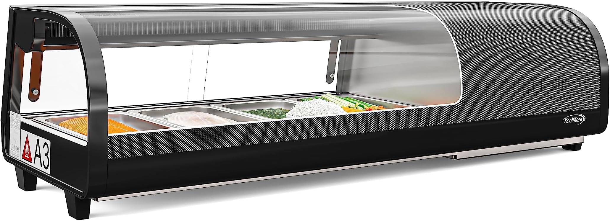 46 in. Glass Sushi Display Case Refrigerator ETL Listed with Stainless Steel Trays, Countertop Storage with Rear Access, Temperature Control, and LED Lighting in Black (KM-SR46-BK)