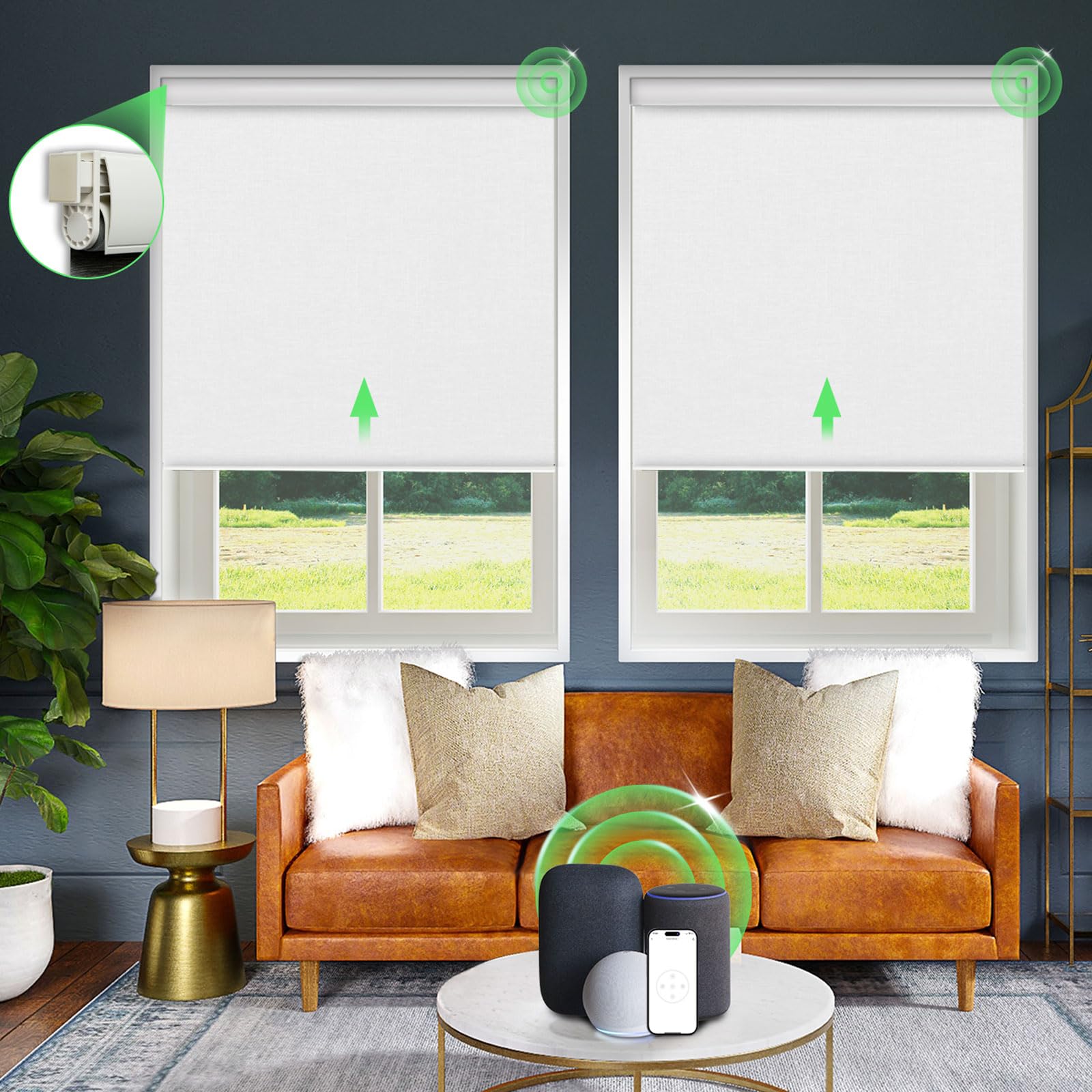 Motorized Roller Shades 【No Drill Cordless Blackout】 Smart Blinds Customized Size Fabric Material Automatic Electric Blinds Remote Control Smart Alexa Privacy White 30" W x 72H