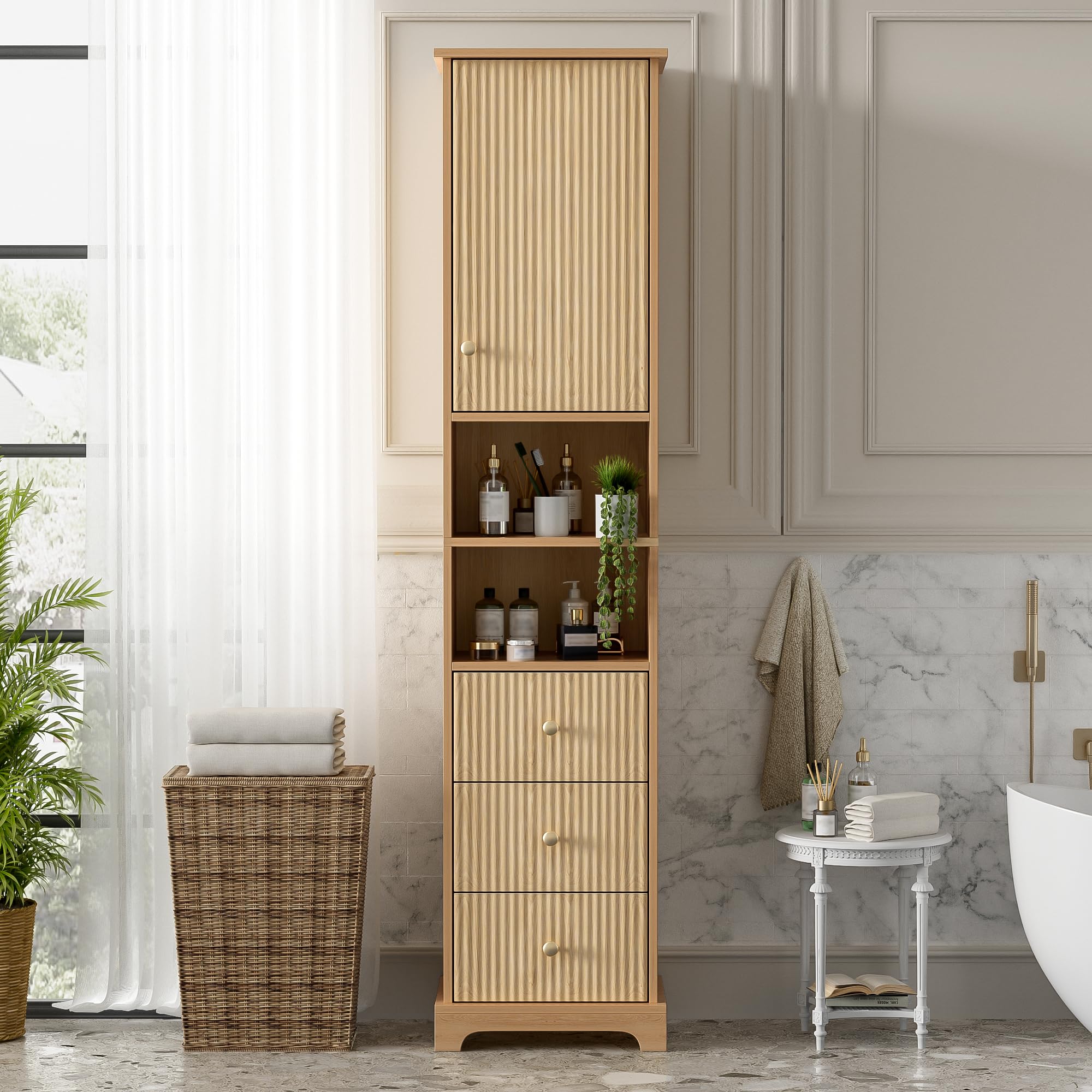 Tidyard Badezimmerschrank, 40x30x172 cm, PVC-Thermoform, vertikale Streifen, 3 Schubladen, Naturholzfarbe, für Bad, Gäste-WC, Sauna, Wellnessbereich