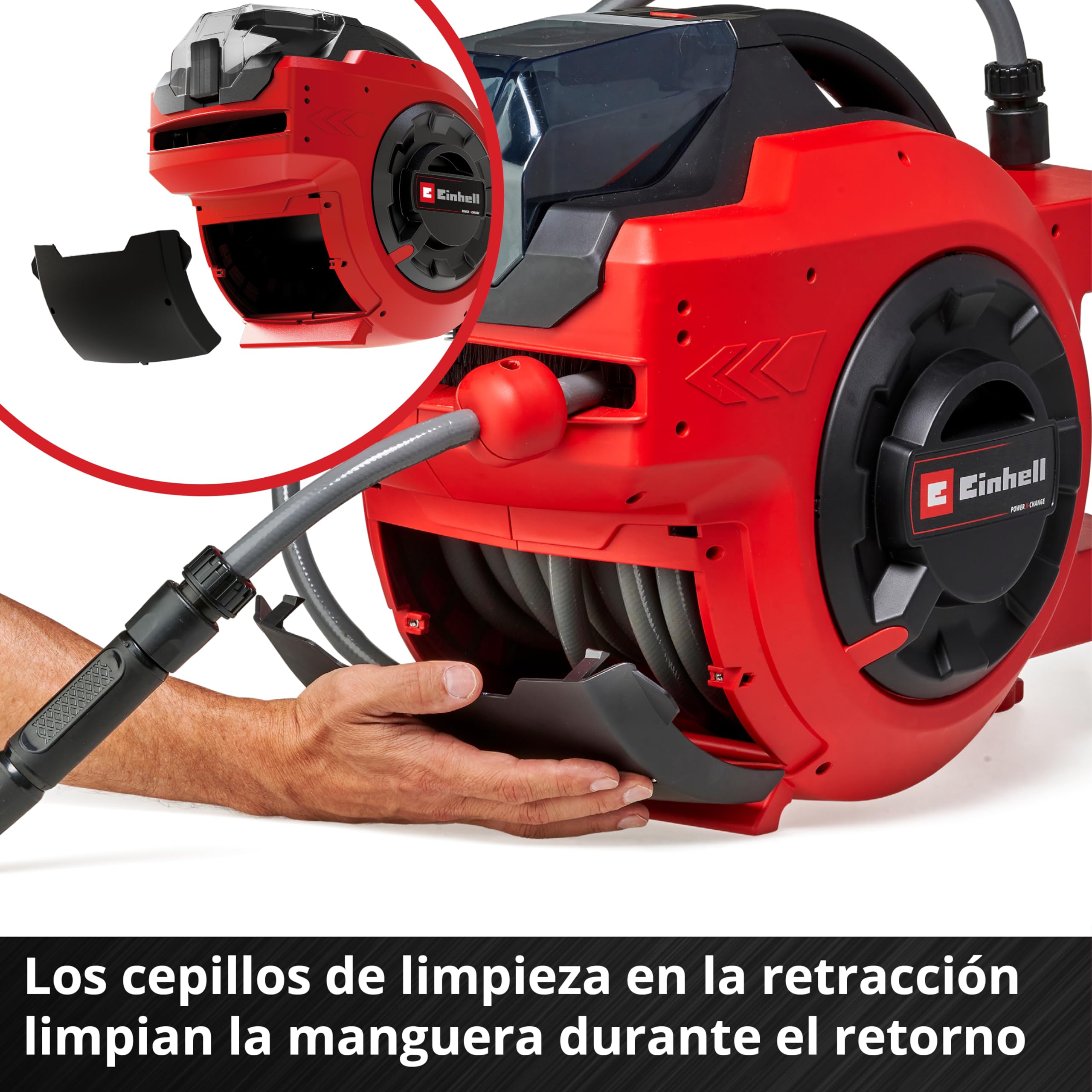 Einhell Tambor de manguera con batería GE-HR 18/30 Li-Solo Power X-Change (18 V, enrollado automático de manguera, pivotable hasta 180°, manguera y rociador de jardín de 30 m, sin batería)