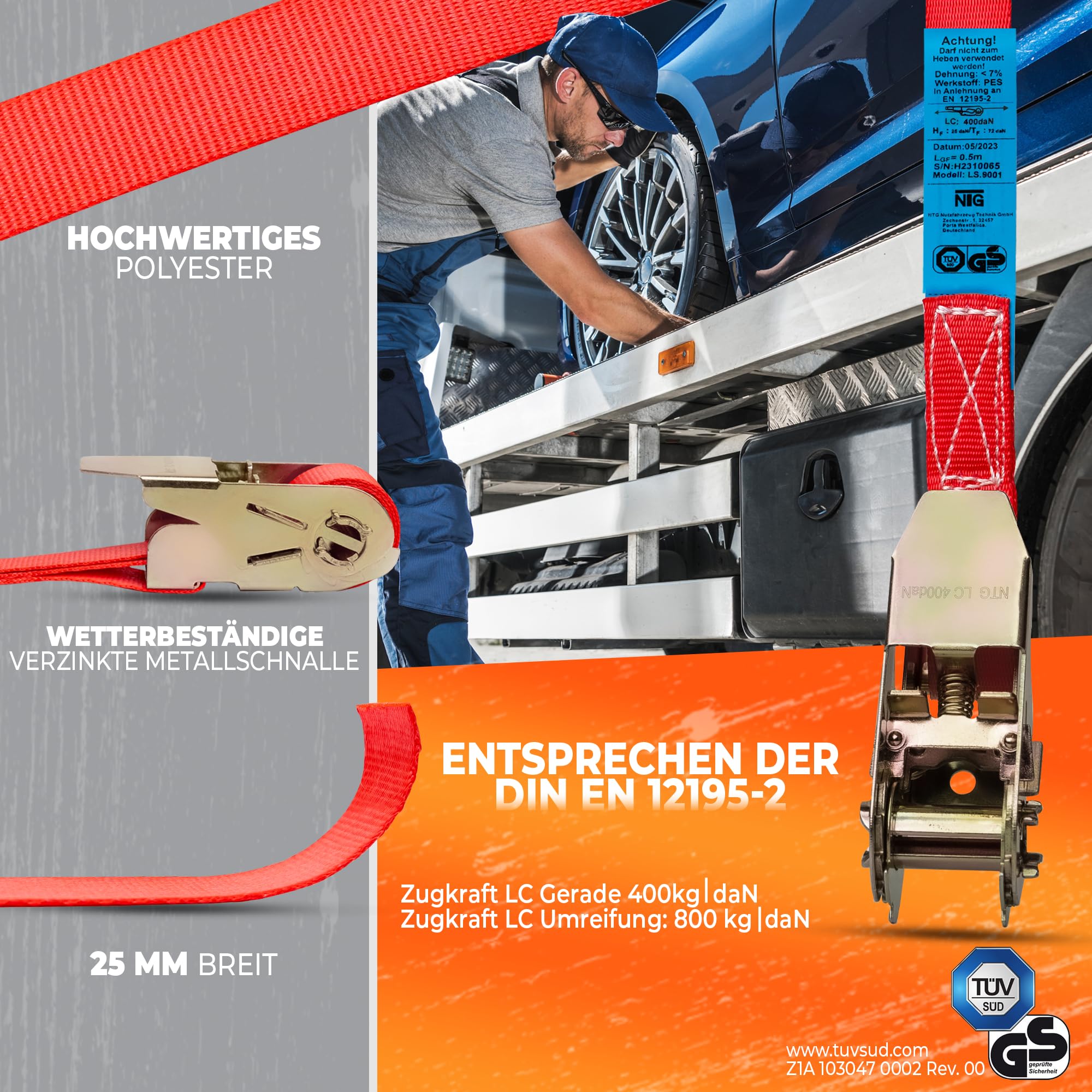 NTG 20 Stück Spanngurte mit Ratsche - 6m Länge 800 kg Belastbarkeit - TÜV/GS geprüft | Sichere Ladungssicherung für Transporte | Robust und Wetterfest