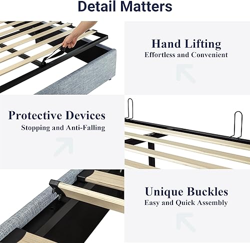 Miniatura 6 de Allewie Cama de almacenamiento elevable de tamaño matrimonial, cabecera moderna con respaldo de ala, soporte hidráulico, no necesita somier, gris