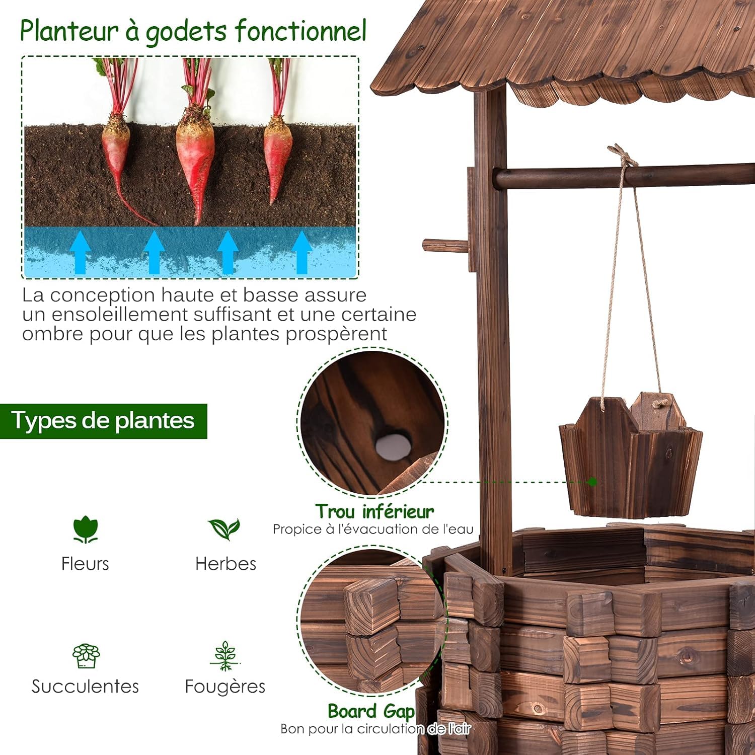 GOPLUS Pozo de Madera Decorativo, Jardinera de Exterior con Techo Clásico, Fuente Decorativa con Cubo Colgante y Amplio Lecho de Plantación