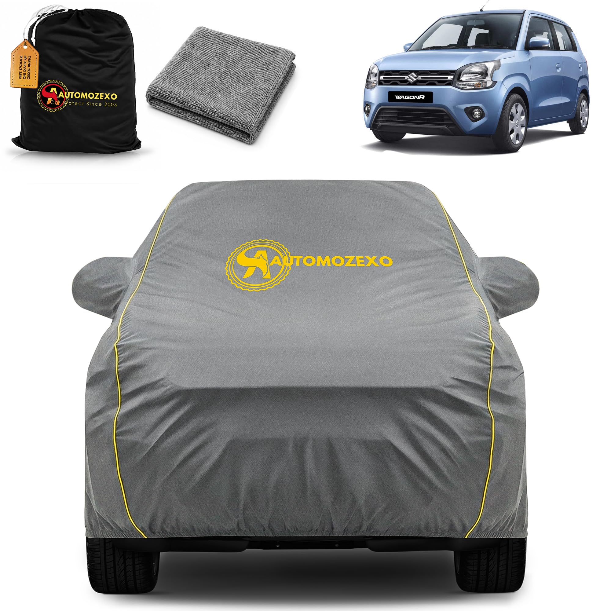 Maruti WagonR Waterproof Car Cover with Mirror Pockets Triple Stitched Bottom Elastic Adjustable Belt & Cotton Inner Layer All Weather Protection Against Scratches Rain Dust UV Rays-Grey-image-5
