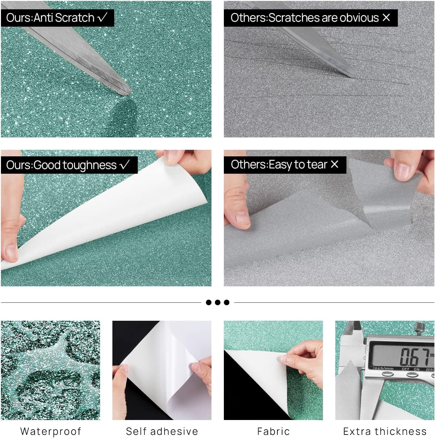 FunStick Light Teal Glitter Wallpaper Self Adhesive Teal Glitter Contact Paper Decorative Removable Sparkle Teal Peel and Stick Wallpaper for Room Walls Cabinets Dresser Furniture Crafts 15.8"x78.8"