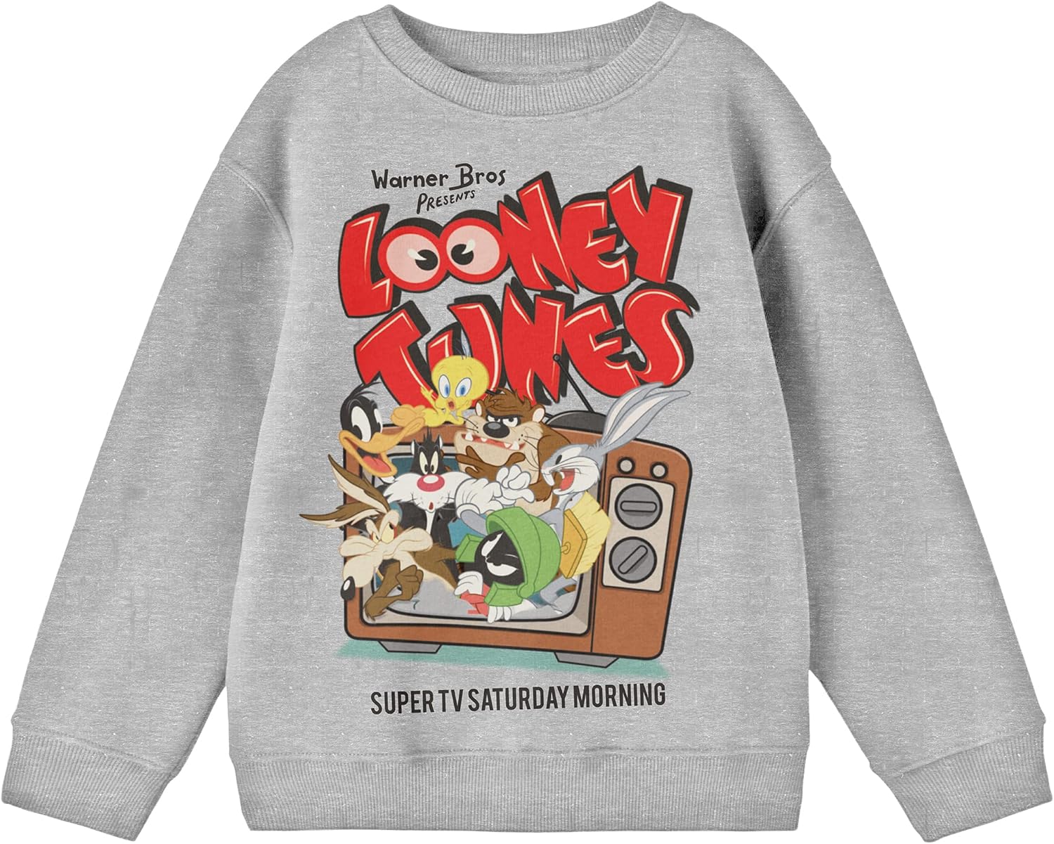 Bioworld Looney Tunes Vintage Super TV Saturday Morning Crew Neck Long Sleeve Athletic Heather Boy's Sweatshirt