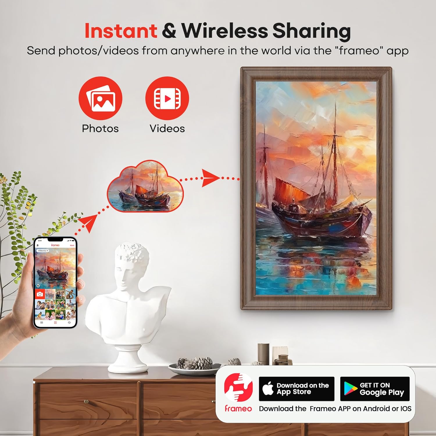 64GB 15.6" Frameo Digital Picture Frame WiFi, Large Electronic Photo Frames Wood 1920 x 1080 IPS FHD Touch Screen, Send Photos from Your Phone from Anywhere, Best Gifts for Family and Friends 15.6 Inch Brown Wood