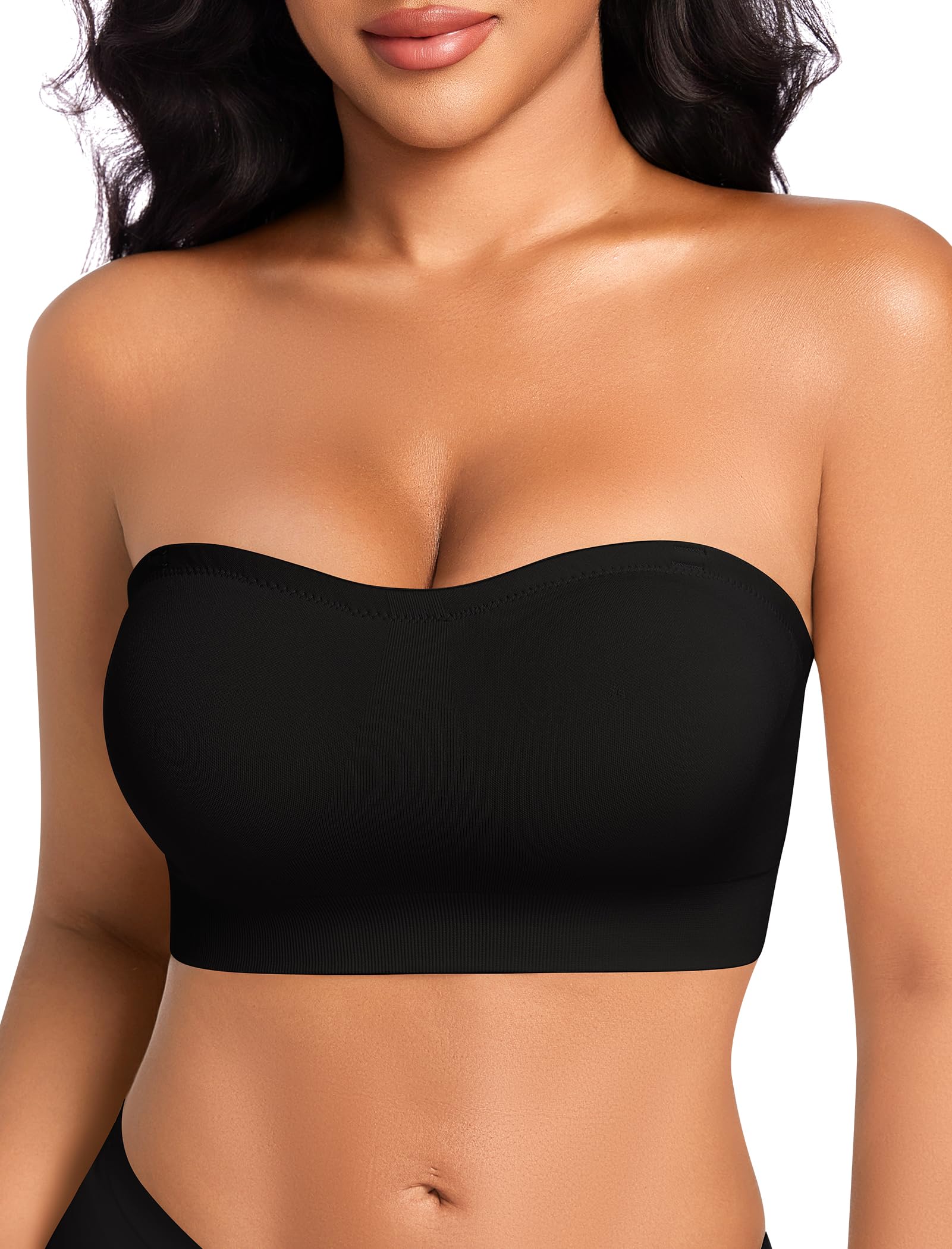 OOEU Strapless Bras for Women Non Wired Bandeau Bra Padded Wireless Seamless Strapless Bra Push Up Multiway Tube Top Bralette (UK, Alpha, L, Regular, Regular, Black)