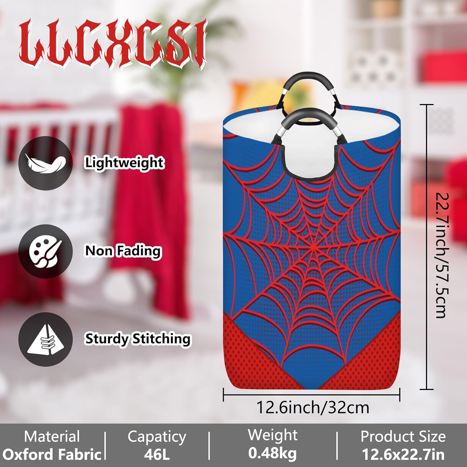 Kids Laundry Hamper Basket - Collapsible Waterproof Storage Organizer Bin Box for Boys Girls Bedroom Decor, Gift Basket with Handles for Nursery, Playroom, Toy, Dirty Clothes (46L Blue Spider Web)