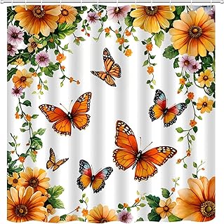 Butterfly Floral Shower Curtain Spring Flowers Blossom Garden Elegant Wo...