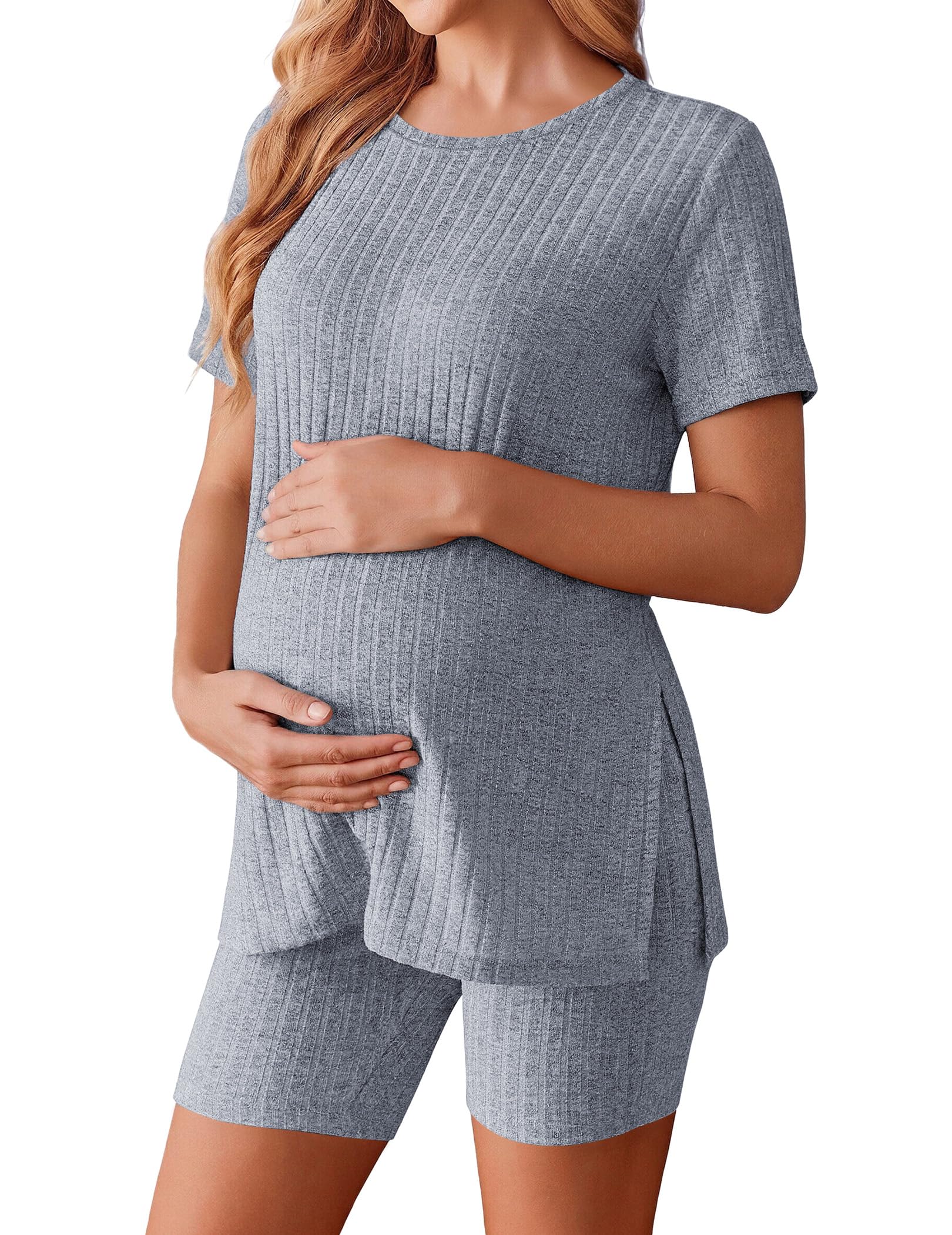 Ekouaer Women's Maternity 2 Piece Sets Short Sleeve Shirts and Biker Shorts