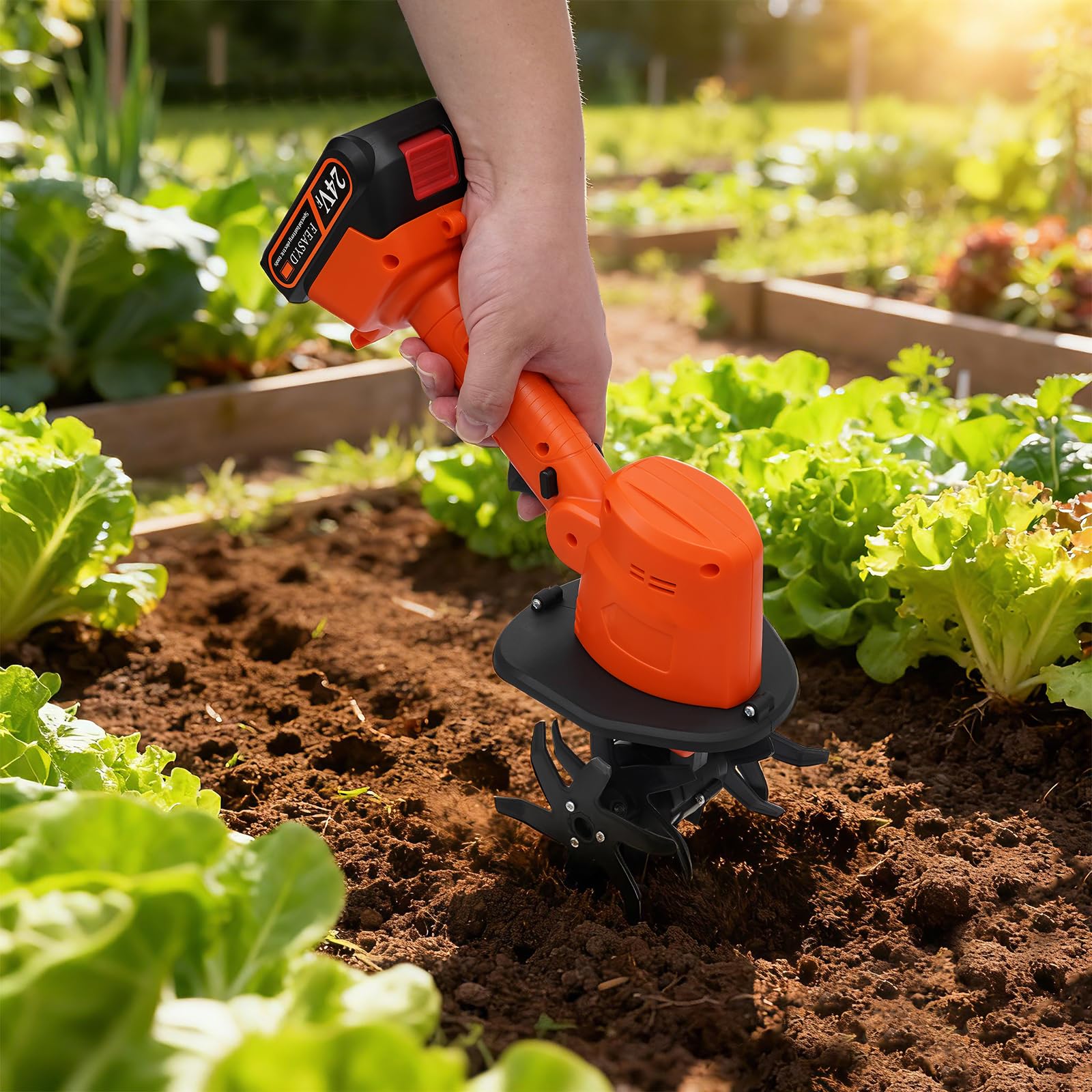 Motoazada con batería de 21 V con cuchillas de 65 Mn, 235 rpm, azada inalámbrica para jardín, con cubierta protectora, azada de jardín manual para jardines, patios, ancho de trabajo y profundidad: 10