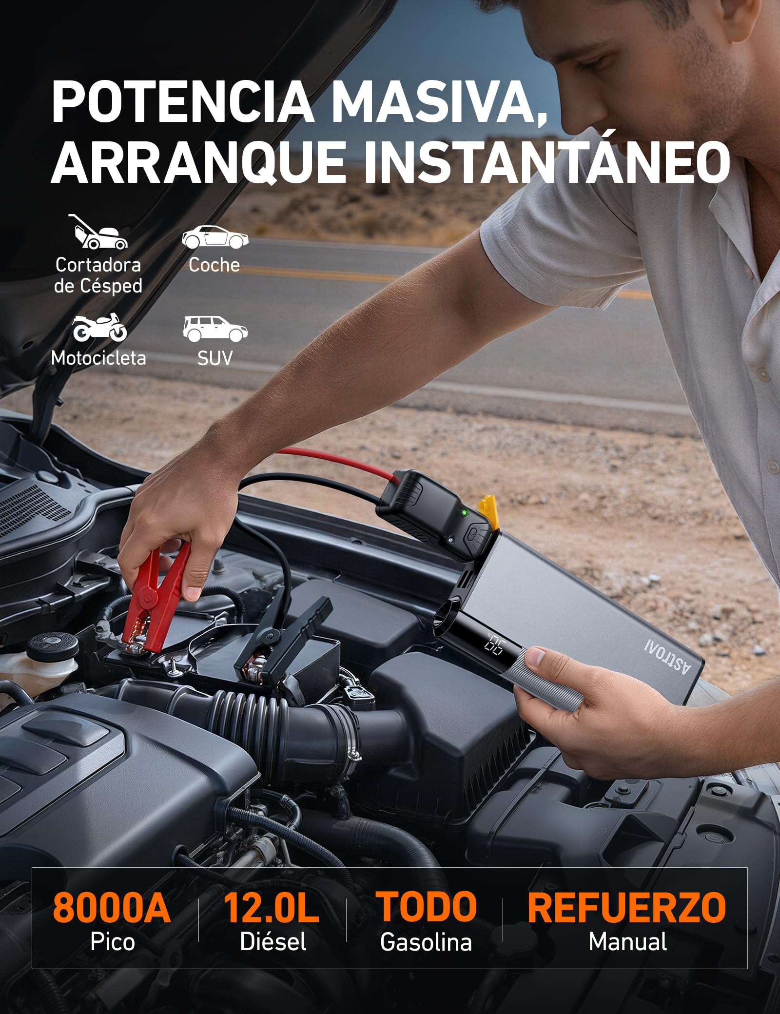 AstroAI Arrancador de Batería de Coche 8000A de Aluminio Ultrarresistente | 3 en 1 Jump Starter Portátil (Todo Gasolina/12L Diésel) con Pantalla LCD, Luz LED Emergencia y Powerbank, Amarillo