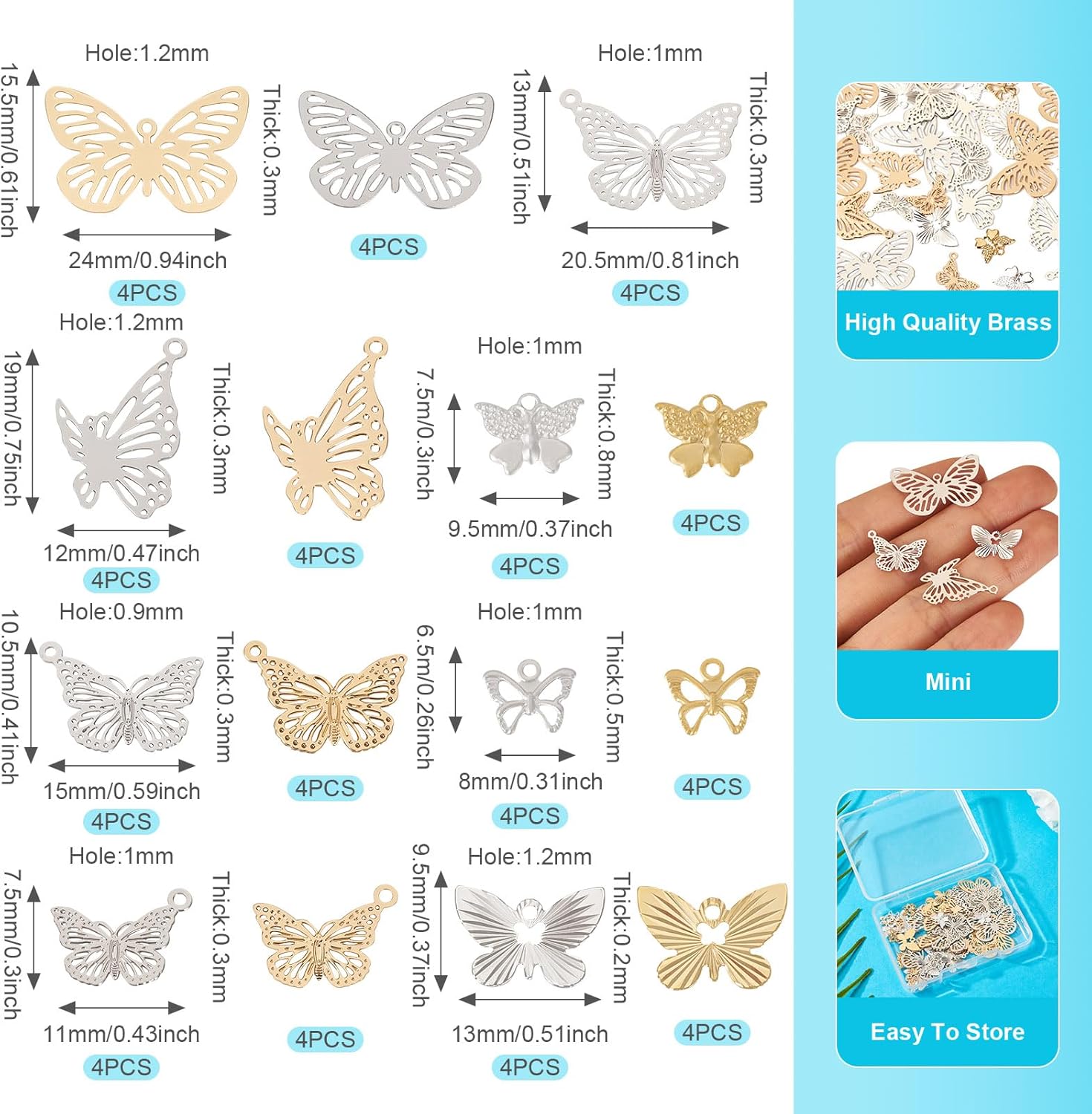 Hollow Butterfly Filigree Charms Golden Silver Metal Butterfly Pendants Insect Animal Filigree Etched Metal Embellishments for DIY Craft Necklace Earring Bracelet Jewelry Making - Image 2