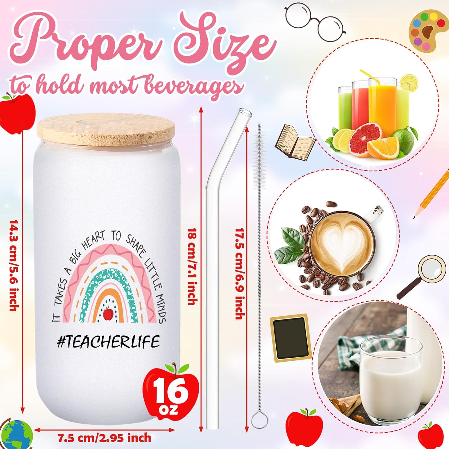 Honeydak 2 Sets Valentines Day Teacher Glass Cups Appreciation Gifts Tumbler with Lid and Straw, 16 oz It Takes a Big Heart to Shape Little Minds Coffee Mug End of Year Thank You Gifts for Teachers - Image 6