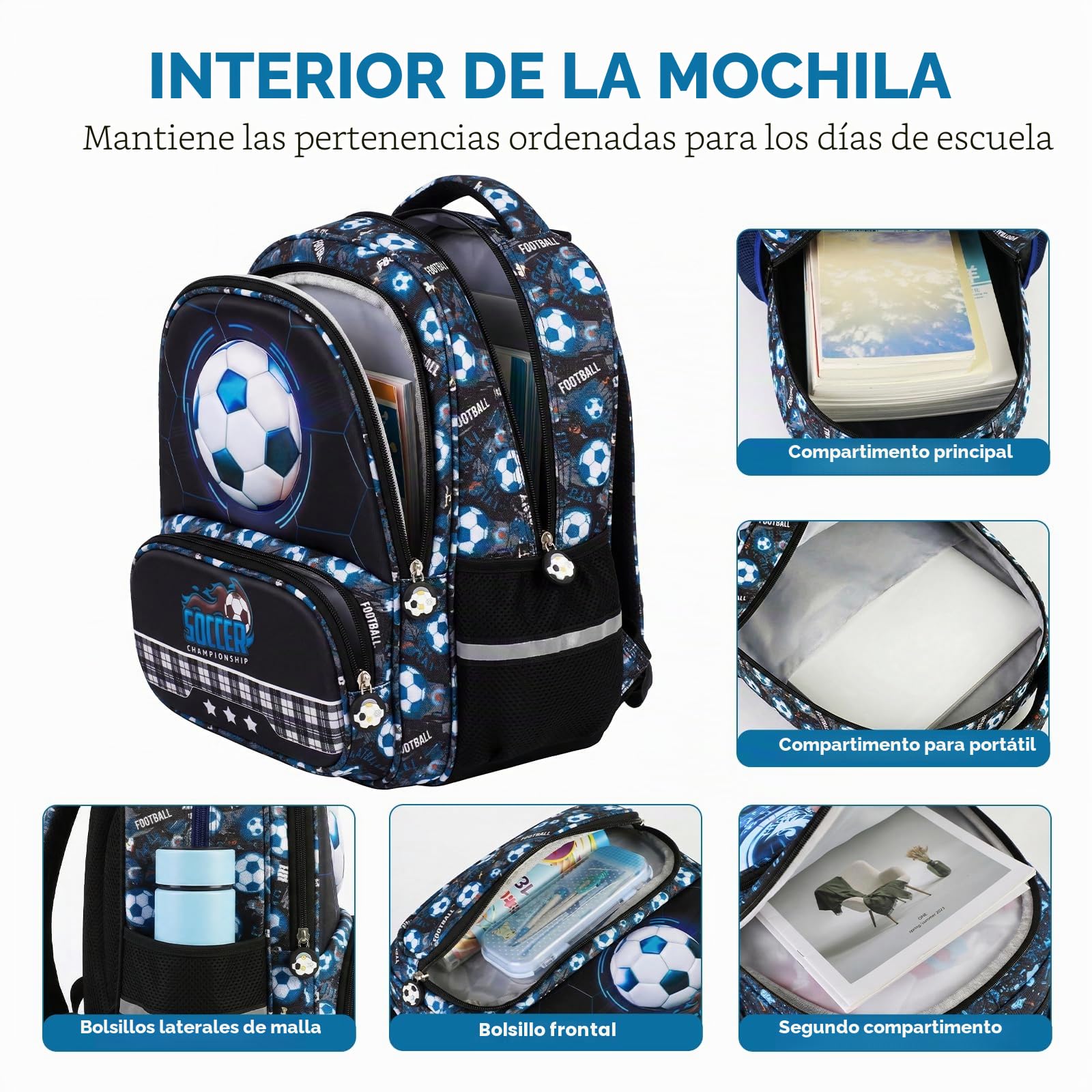 Amythe Mochila Escolar Niños Clases de 1 a 5 Transpirable, Balón de fútbol | Grande Reflectante Impermeable Correa Pectoral Balón de fútbol Daypack Multi-Bolsillos Espacioso Resistente para Colegio