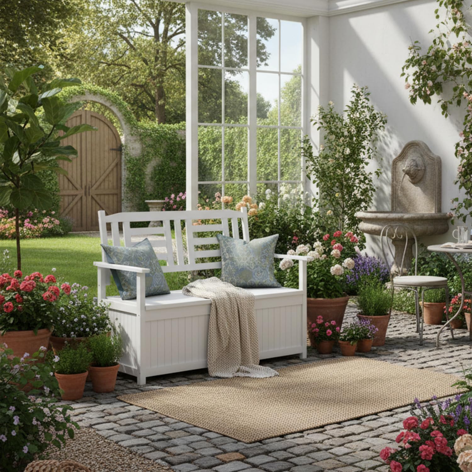 GOPLUS Banco de Jardín para 2 Personas con 185 l de Espacio de Almacenamiento, Banco Cofre de Madera Maciza de Álamo, Banco para Balcón con Capacidad hasta 250 kg, para Balcón y Jardín (Blanco)