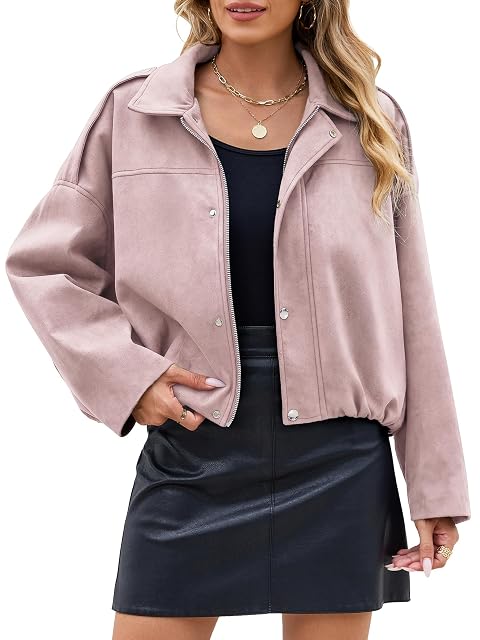UEAL UEAL Womens Faux Suede Cropped Bomber Jacket Fall Fashion Outfits L Pink