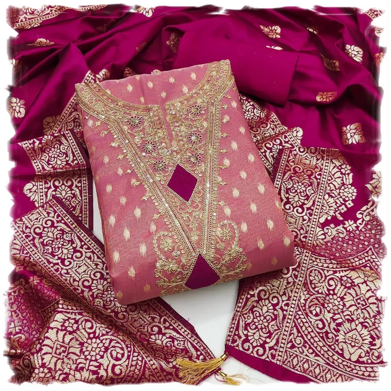 Sidhidata Women's Shimmer Zari Butty With Multi Sequence Embroidered Unstitched Dress Material With Banarasi Silk Dupatta (DM Shimmer_Free Size)