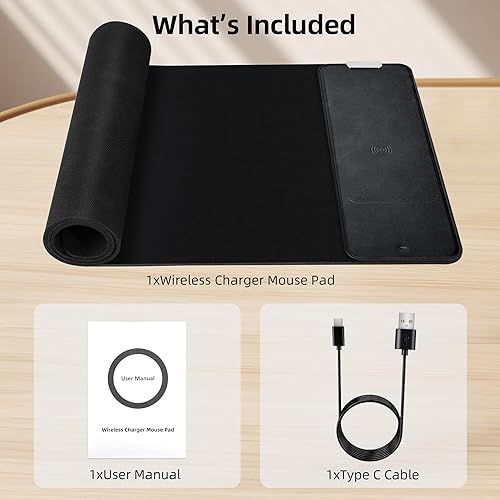 Miniatura 6 de Alfombrilla de mouse con cargador inalámbrico de 10 W, almohadilla de escritorio de tela y almohadilla de carga inalámbrica de cuero 2 en 1,