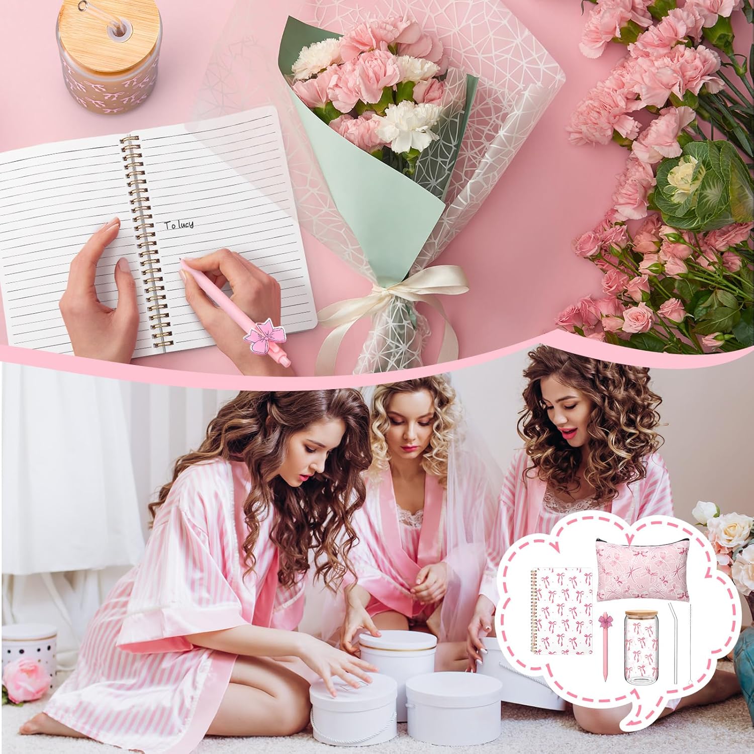 Boao 4 Pcs Coquette Pink Bow Gift Set Back to School Gift for First Day of School Party Favor, Glass Cup Pink Bow Notebook Cosmetic Bag Pens Bowknot Lined Notebook Stuff Coquette Party Favor - Image 5