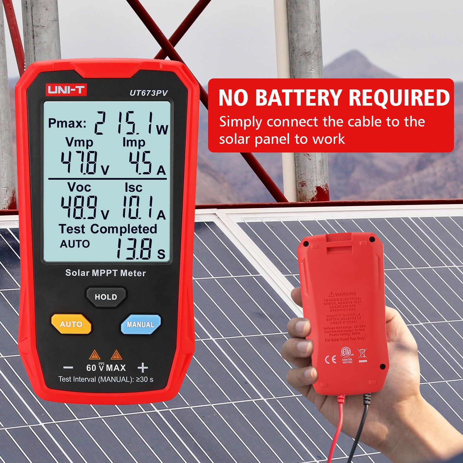 Solarpanel Tester, UT673PV 800W Photovoltaik Multimeter mit LCD-Display, Photovoltaik Solarpanel tester Leistungsmessgerät, Smart MPPT Leerlaufspannungs Fehlerbehebung, kein Strom erforderlich