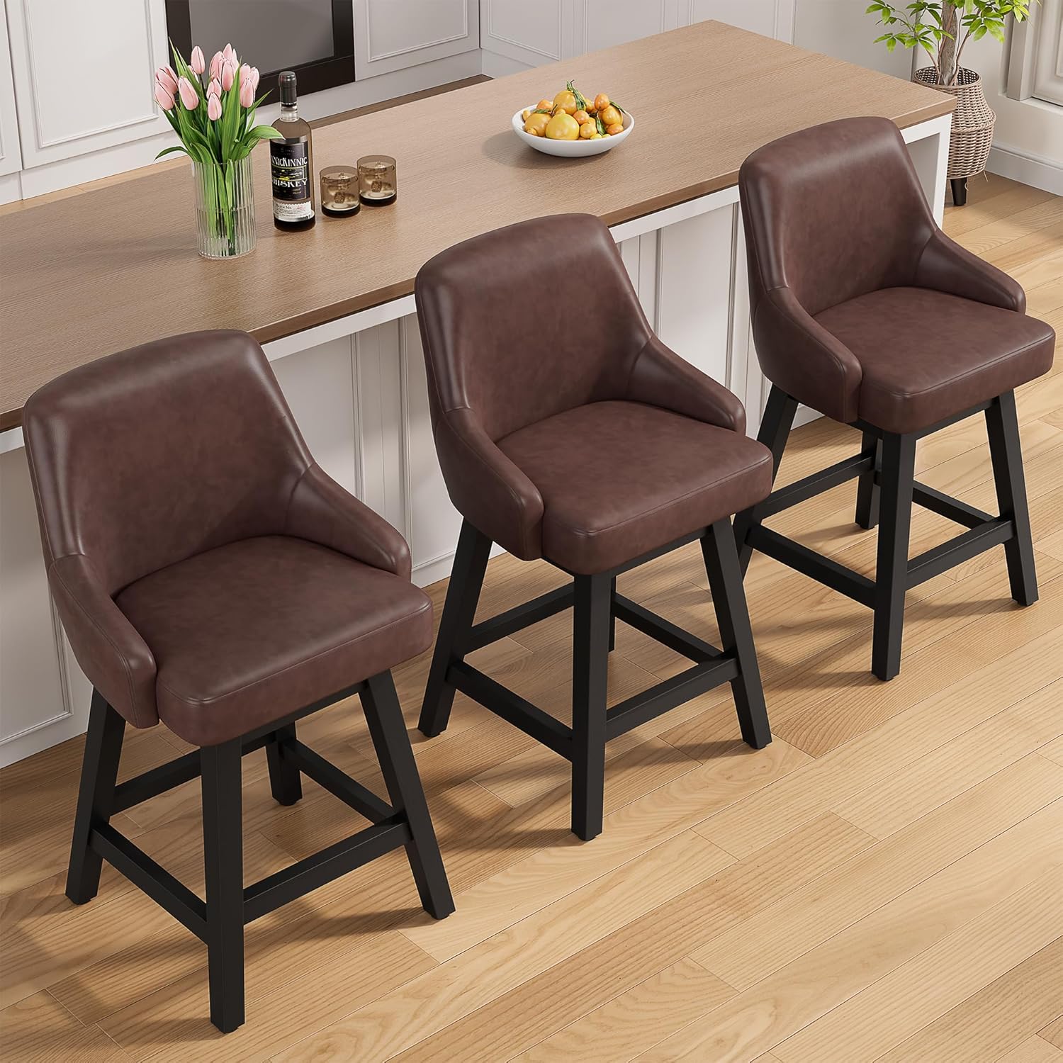 REONEY Swivel Bar Stool Set of 2, 24" Upholstered Counter Height Barstools with Back & Solid Wood Legs, Modern Faux Leather Kitchens Island Chair for Dining Room Pub, Brown