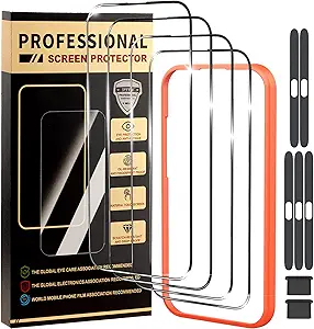 4 Pack for iPhone 15 Plus Screen Protector Tempered Glass for iPhone 14 16 Plus Optional with Install Frame,12FT Military Grade Protection, Drop Resistance Case Friendly