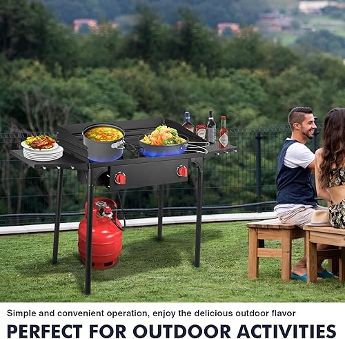 Miniatura 4 de Llamaviva - Estufa de propano de 2 quemadores con panel de viento, estufa de camping con estantes laterales, quemadores de propano de 150000 BTU,