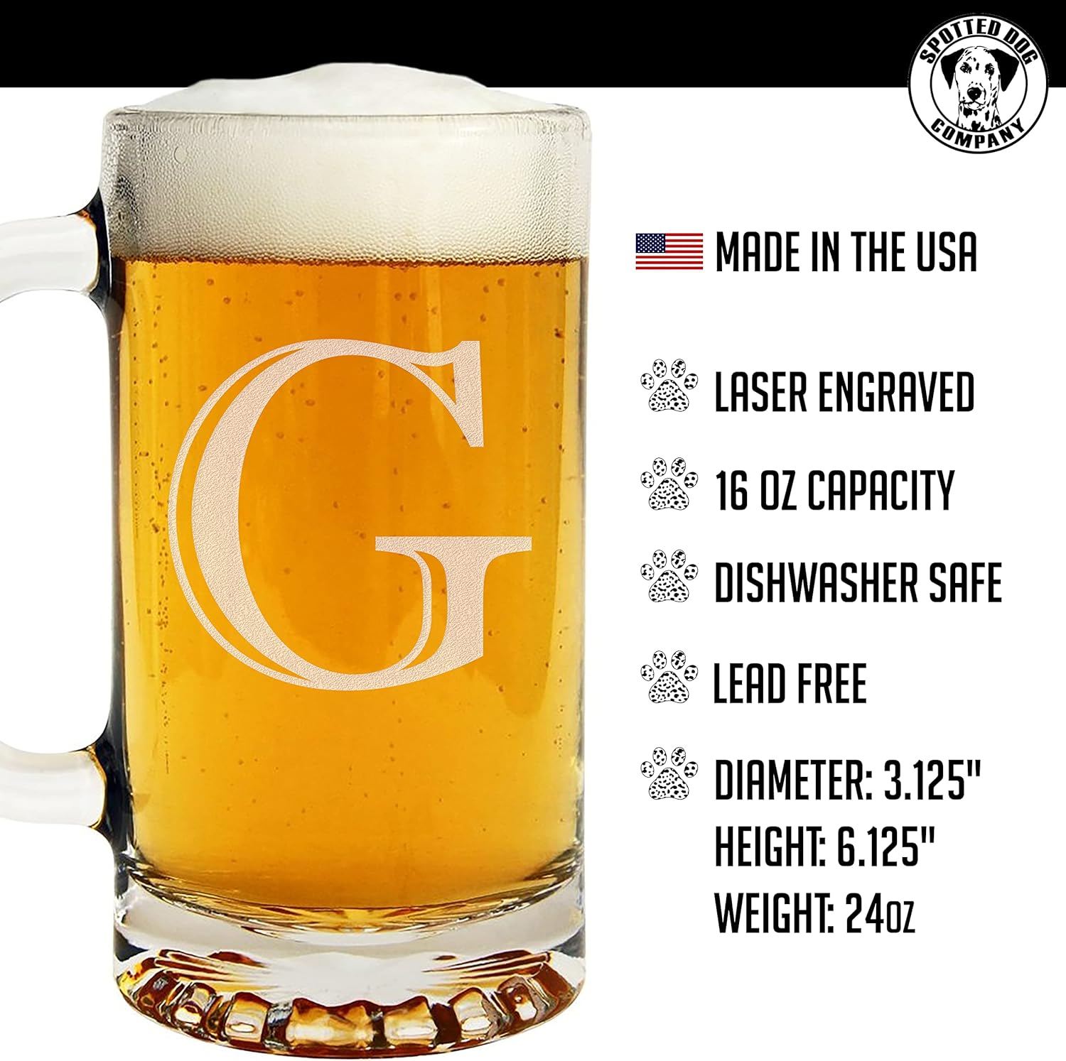 Etched Monogram 16oz Glass Beer Mug (Letter G), A-Z Customized Beer Gifts for Men, Father's Day, Personalized Beer Glasses, Custom Engraved Birthday Gifts for Him, Initial, Name, Husband Dad - Image 7