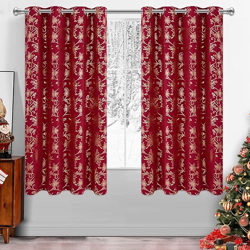 Cortinas de Navidad para sala de estar, cortinas opacas con estampado floral dorado, cortinas opacas con aislamiento térmico y ojales, 52 x 84
