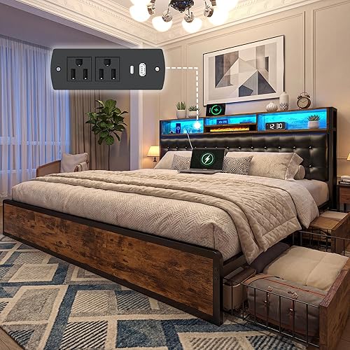 EnHomee King Size Bed Frame with 4 Storage Drawers, LED Lights & Charging Ports, Upholstered Platform Bed Frame with Tufted 2-Tier Headboard, 1100 LBS Heavy Duty Metal Slats,Vintage Brown
