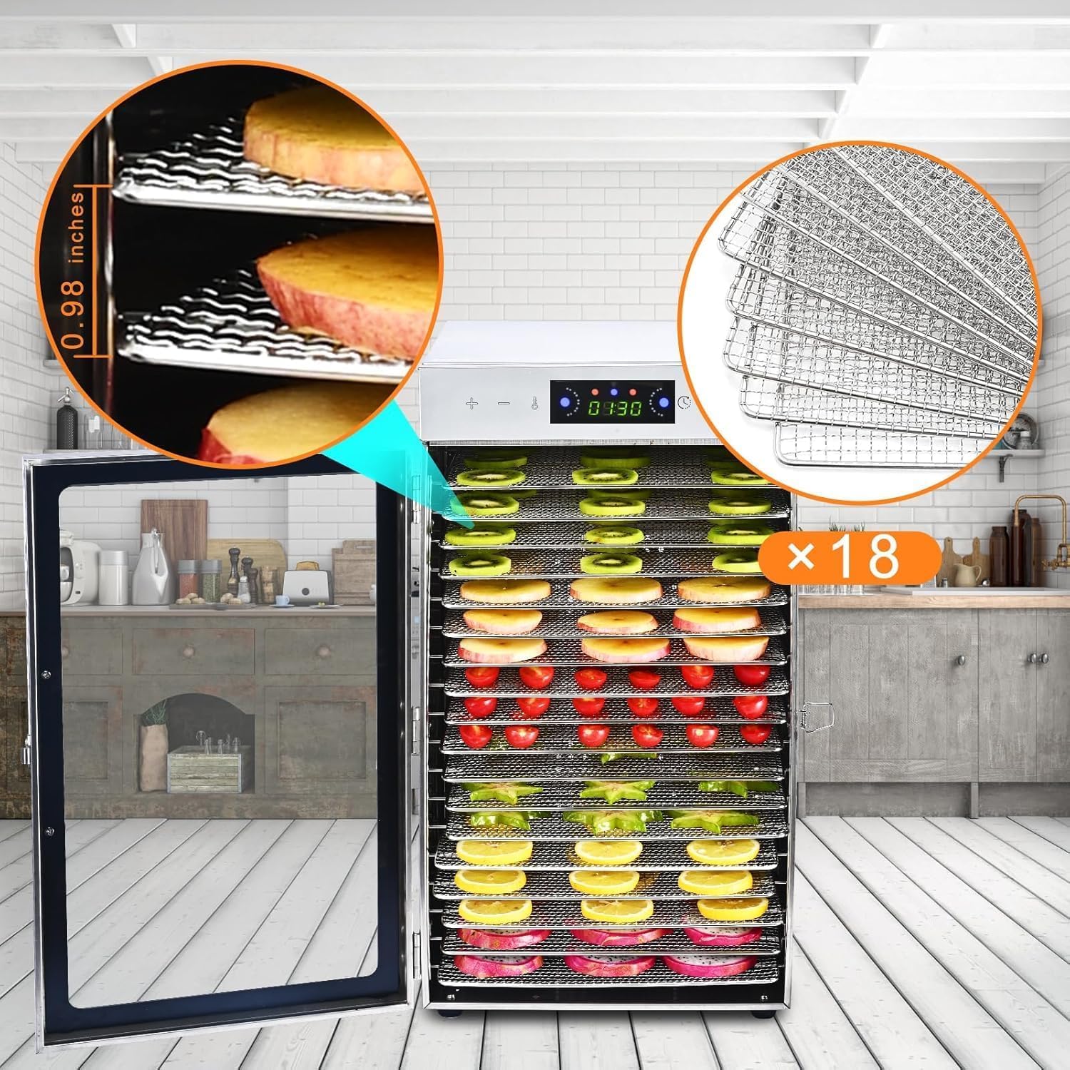 18-Trays Commercial Food Dehydrator 800W Fruit and Meat Dehydrator Machine Stainless Steel Food Dehydrated Dryer Adjustable Timer 86-194℉ Temperature for Vegetables Beef(18-Trays)
