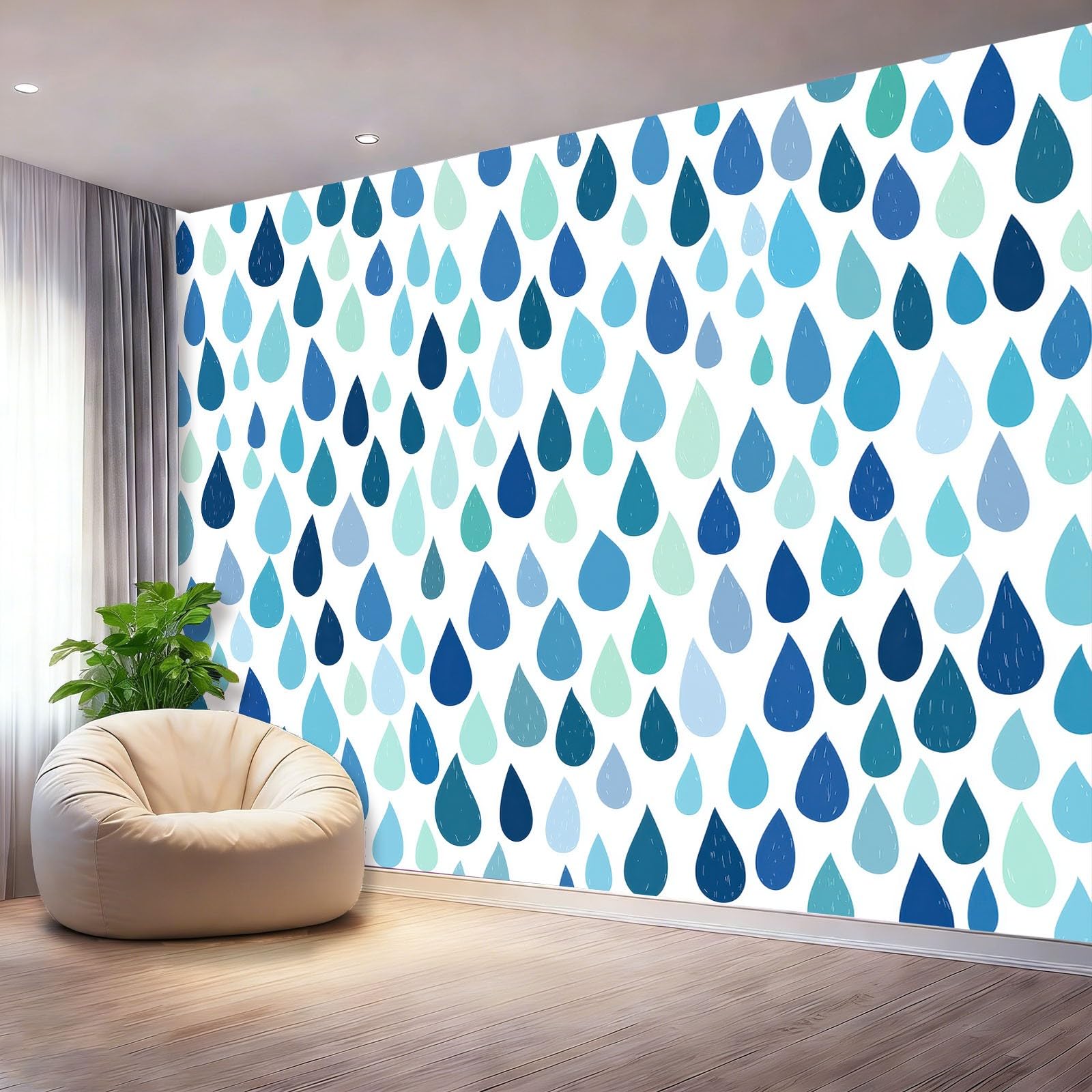 Minimalistyczny geometryczny mural ścienny z włókniny do sypialni, przy łóżku i przedpokoju, ściana akcentująca, 300 x 210 cm, niewklejony efekt 3D, duży plakat z fototapetą, niebieskie krople deszczu
