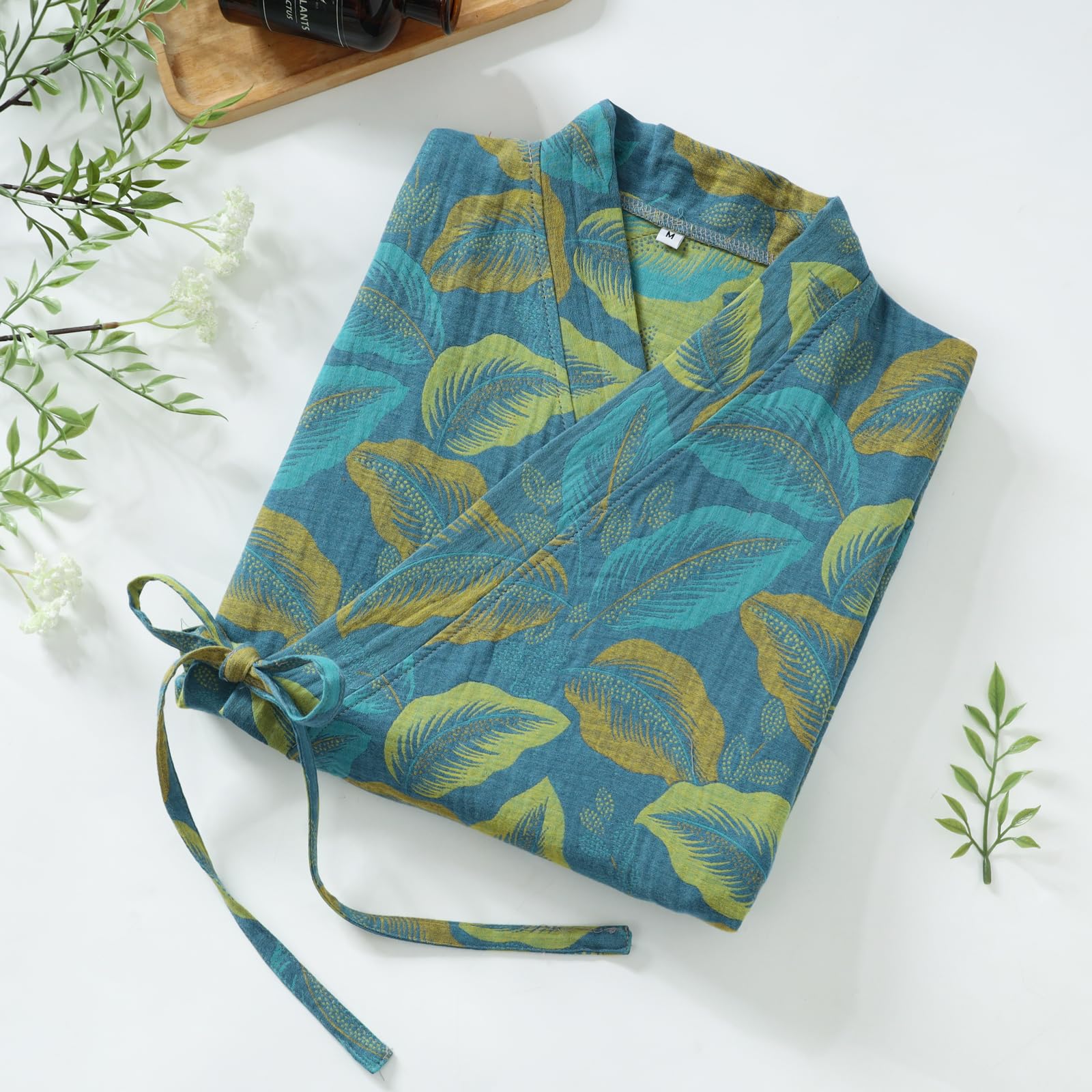 Damen Kimono-Bademantel aus Baumwoll-Jacquard, leicht, lockerer Morgenmantel, Spa-Sauna-Bademantel, Bedruckt, japanische Nachtwäsche,Blau,XL