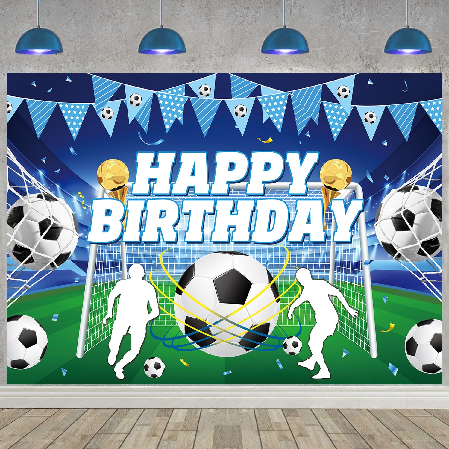 Blue Soccer Happy Birthday Backdrop Sports Themed Photography Background for Kids Boys Teens Fans Soccer Birthday Party Decorations Banner Supplies (