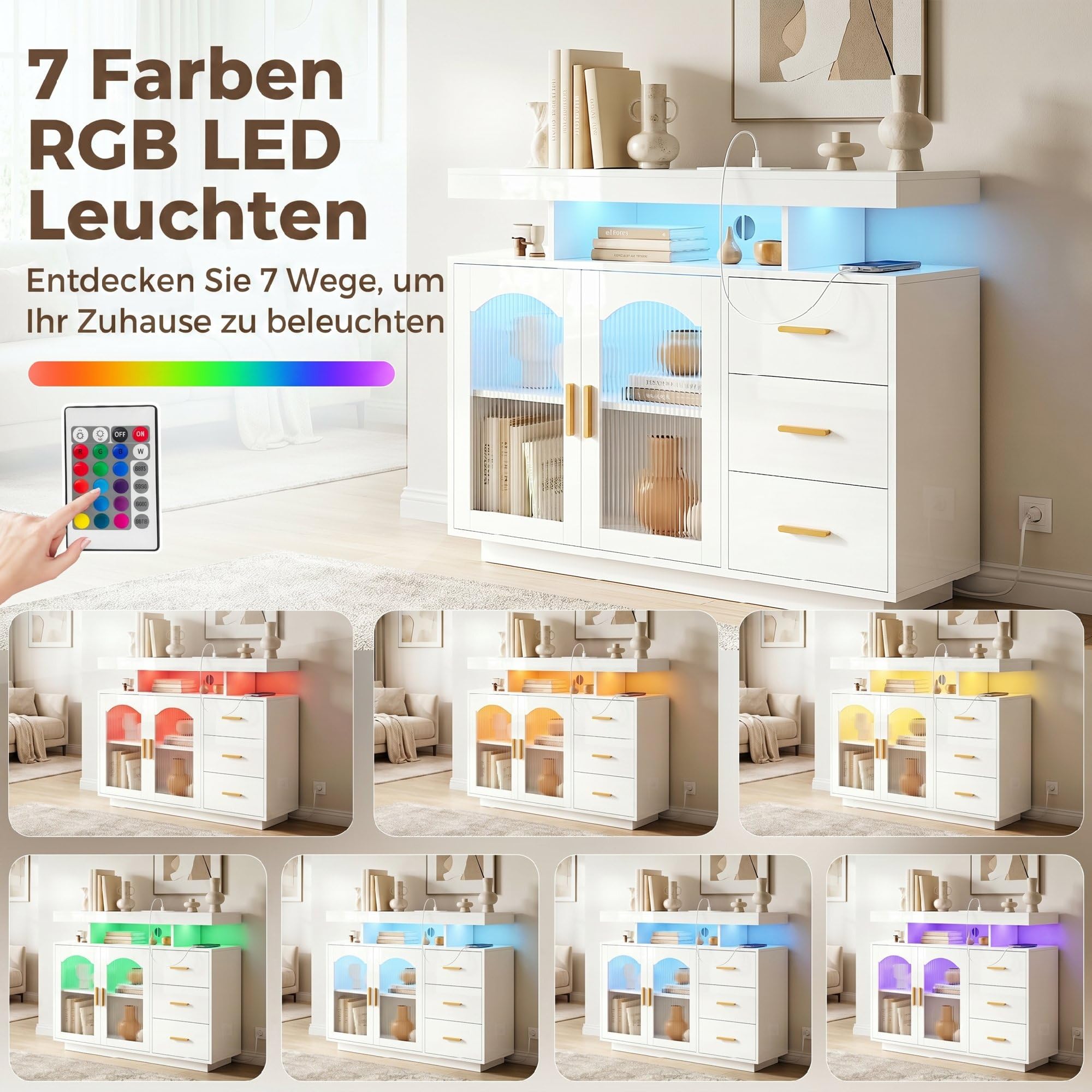 HOMCOM Küchenschrank mit LED, Steckdosen 100x35x80 cm Hochglanz Weiß | Sideboard, 3 Schubladen, 2 Acryl-Türen, Buffetschrank, Soft-Close-Funktion, für Küche, Esszimmer