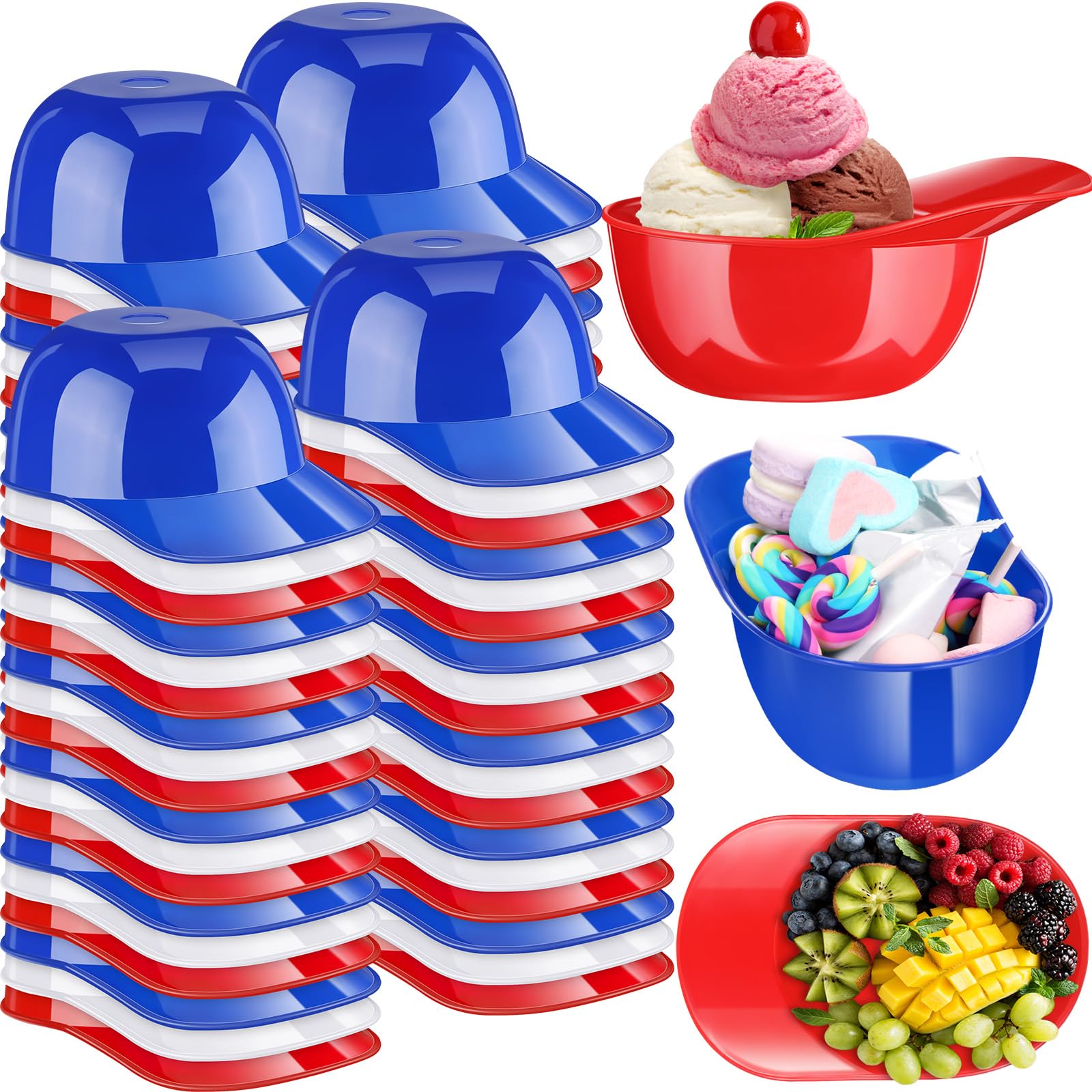 Baderke Plastic 8 oz Baseball Helmet Bowl, 72 Pack - Classic, Reusable, Dishwasher & Microwave Not Safe, for Dessert & Snack, Red, Dark Blue, White