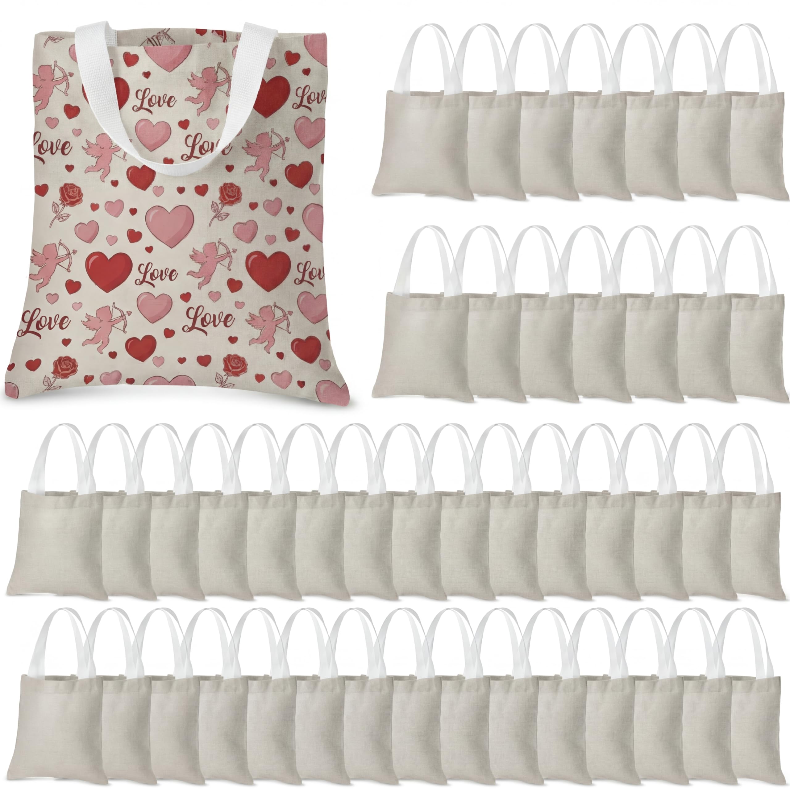 Moukeren 50 Pcs Mini Canvas Tote Bags Bulk 12 x 12 Inch DIY Small Blank Tote Bag Reusable Grocery Bags for Valentine's Day DIY Crafts Gifts