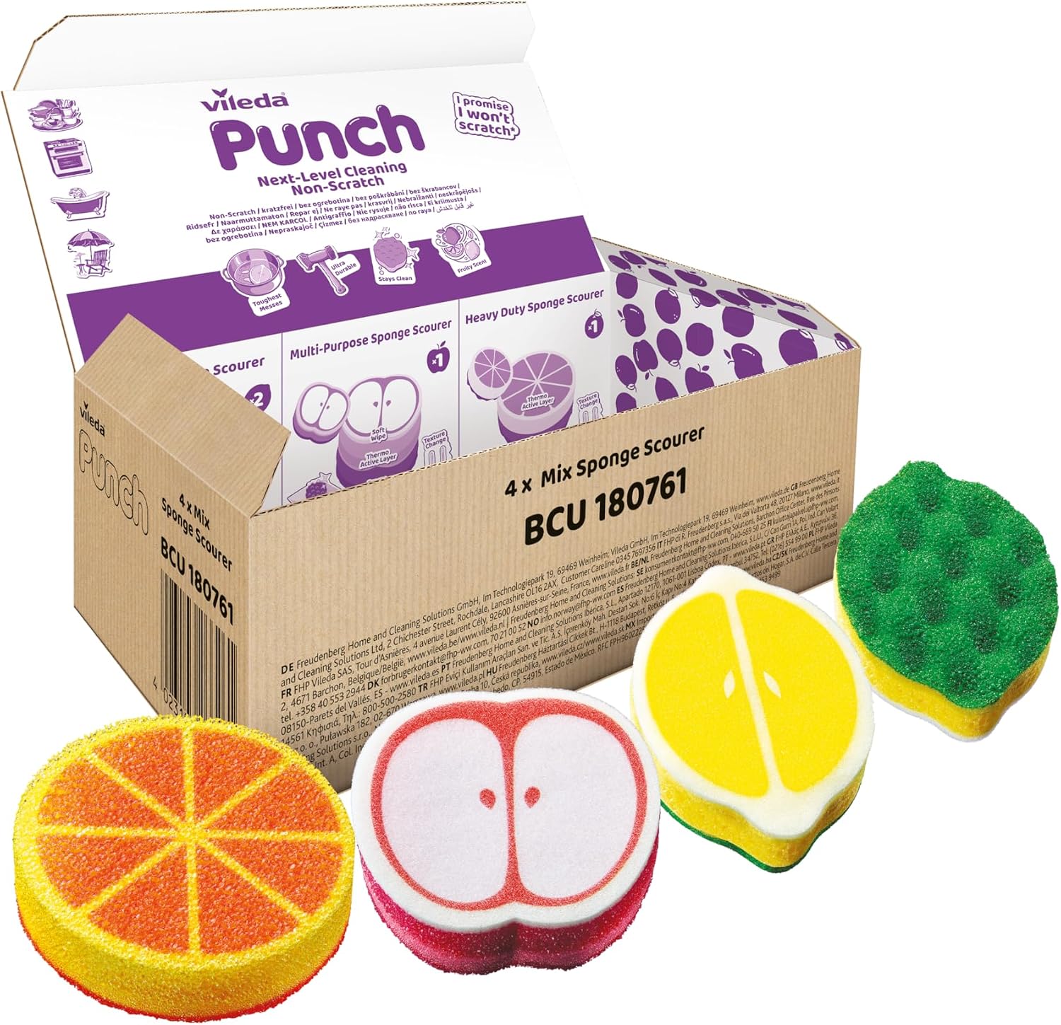 Vileda, Punch, Set da 4 Spugne Cucina | Quattro Spugne. Massima potenza | Antigraffio* | Profumate | cucina, bagno & esterno