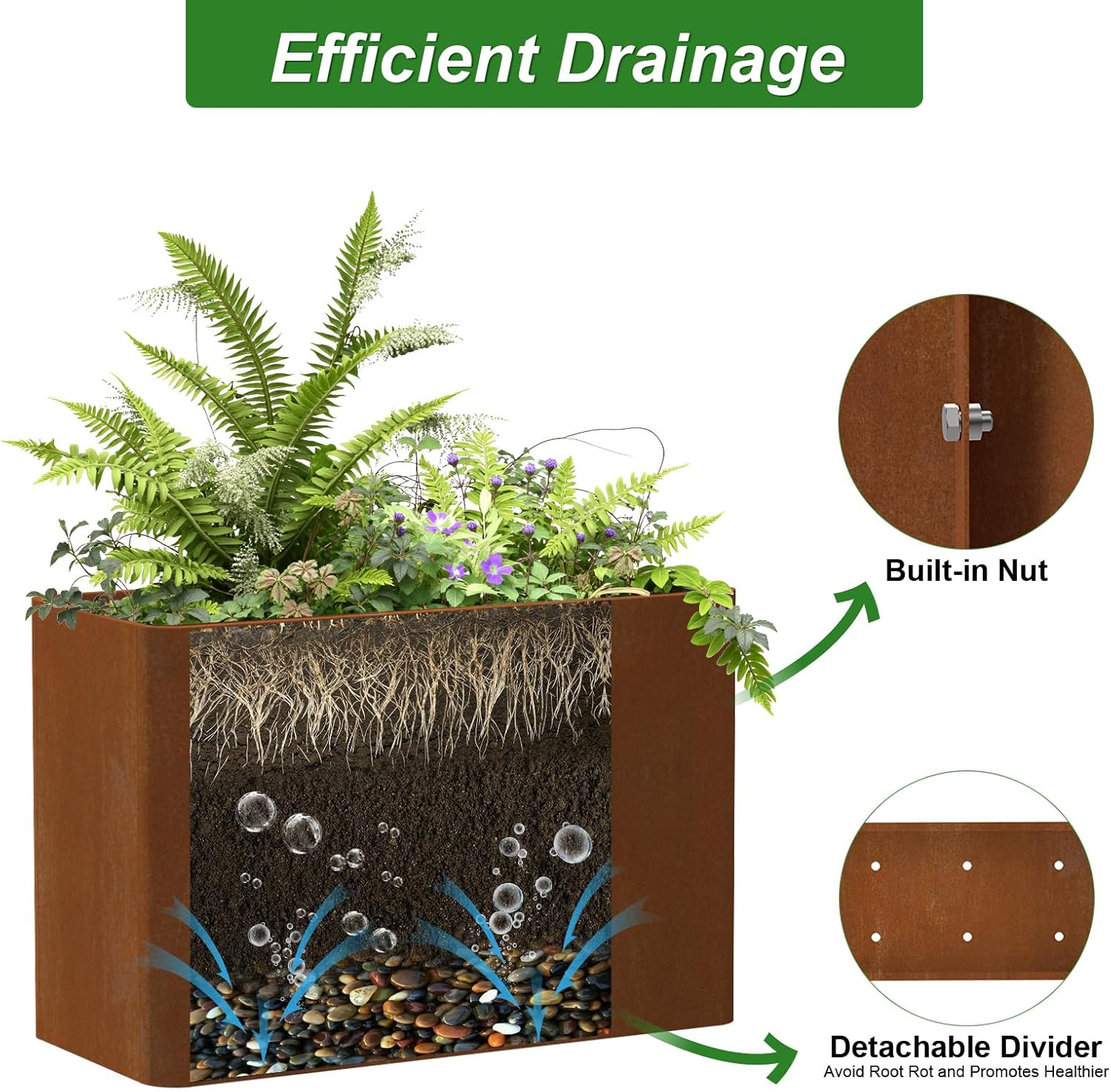 Corten Steel Planter Box 36" L x 15" W x 24" H,Heavy Duty Tall Rectangle Planter Box with Removable Insert Shelves & 4 Drainage Holes for Porch, Garden, Patio, Yard